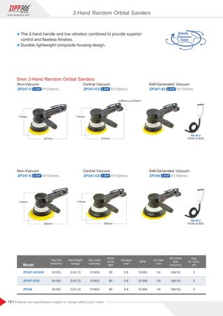 191
www.zippgroup.com
Products and speciﬁcations subject to change without prior notice
5mml The 2-hand handle and low vibration combined to provide superior
control and ﬂawless ﬁnishes.
l Durable lightweight composite housing design.
Model
Pad Dia
inch(mm)
Air Inlet
inch
Dia. Orbit
inch(mm)
Min.Hose
Size
inch(mm)
Net Weight
Ibs(kg)
RPM
ZP347-5/C5/S5 2.6(1.2)
2.6(1.2)
2.6(1.2)
3/16(5)
3/16(5)
3/16(5)
3/8(10)
3/8(10)
3/8(10)
1/4
1/4
1/4
3
3
3
10,000
10,000
10,000
5(125)
6(150)
6(150)
Avg.
Air Cons.
cfm
ZP347-5/C6
ZP348
Noise
Level
dBA
Vibration
m/s²
80
80
80
0.8
0.8
0.8
2-Hand Random Orbital Sanders
HOSE  BAG
HB-46-2
ZP347-6 ZP347-C6 ZP348
Non-Vacuum Central Vacuum Self-Generated Vacuum
6(150mm) 6(150mm) 6(150mm)
HOSE  BAG
HB-46-2
5mm 2-Hand Random Orbital Sanders
ZP347-5 ZP347-C5 ZP347-S5
Non-Vacuum Central Vacuum Self-Generated Vacuum
5(125mm) 5(125mm) 5(125mm)
ø29mm or ø33mm
0.5HP
0.5HP 0.5HP 0.5HP
0.5HP 0.5HP
 