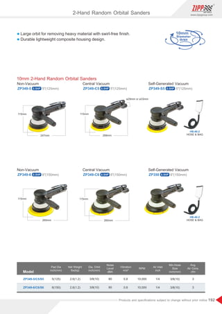 192
www.zippgroup.com
Products and speciﬁcations subject to change without prior notice
10mm
HOSE  BAG
HB-46-2
HOSE  BAG
HB-46-2
l Large orbit for removing heavy material with swirl-free ﬁnish.
l Durable lightweight composite housing design.
10mm 2-Hand Random Orbital Sanders
ZP349-5 ZP349-C5 ZP349-S5
Non-Vacuum Central Vacuum Self-Generated Vacuum
5(125mm) 5(125mm) 5(125mm)
ZP349-6 ZP349-C6 ZP350
Non-Vacuum Central Vacuum Self-Generated Vacuum
6(150mm) 6(150mm) 6(150mm)
Model
Pad Dia
inch(mm)
Air Inlet
inch
Dia. Orbit
inch(mm)
Min.Hose
Size
inch(mm)
Net Weight
Ibs(kg)
RPM
ZP349-5/C5/S5 2.6(1.2)
2.6(1.2)
3/8(10)
3/8(10)
3/8(10)
3/8(10)
1/4
1/4
3
3
10,000
10,000
5(125)
6(150)
Avg.
Air Cons.
cfm
ZP349-6/C6/S6
Noise
Level
dBA
Vibration
m/s²
80
80
0.8
0.8
2-Hand Random Orbital Sanders
ø29mm or ø33mm
0.5HP
0.5HP 0.5HP 0.5HP
0.5HP 0.5HP
 