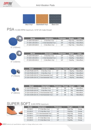 203
www.zippgroup.com
Products and speciﬁcations subject to change without prior notice
PSA
6 (152mm)
5 (125mm)
3 (75mm)
2 (48mm)
SUPER SOFT 6,000 RPM maximum
12,000 RPM maximum, 5/16-24 male thread
Model Description Thickness Weight Color
ZO-Q60-P
ZO-Q50-P
ZO-Q60-C
ZO-Q50-C
ZO-Q60-D
ZO-Q50-D
6 0 Hole Blue Vinyl
5 0 Hole Blue Vinyl
6 0 Hole Basketball Vinyl
5 0 Hole Basketball Vinyl
6 0 Hole Black Vinyl
5 0 Hole Black Vinyl
130g/120g
130g/95g
130g/120g
130g/95g
130g/120g
130g/95g
Orange
Orange
Orange
Orange
Orange
Orange
3/8
3/8
3/8
3/8
3/8
3/8
Blue Vinyl Basketball Vinyl Black Dot
Model Description Thickness Weight Color
ZY-Q60-P/ZB-Q60-P
ZY-Q60-C/ZB-Q60-C
ZY-Q60-D/ZB-Q60-D
0 Hole Blue Vinyl
0 Hole Basketball Vinyl
0 Hole Black Vinyl
130g/120g
130g/120g
130g/120g
Yellow/Black
Yellow/Black
Yellow/Black
3/8
3/8
3/8
Model Description Thickness Weight Color
ZY-Q50-P/ZB-Q50-P
ZY-Q50-C/ZB-Q50-C
ZY-Q50-D/ZB-Q50-D
0 Hole Blue Vinyl
0 Hole Basketball Vinyl
0 Hole Black Vinyl
130g/95g
130g/95g
130g/95g
Yellow/Black
Yellow/Black
Yellow/Black
3/8
3/8
3/8
Model Description Thickness Thread Weight Color
ZY-Q30-P6/ZB-Q30-P6
ZY-Q30-P8/ZB-Q30-P8
ZY-Q30-C6/ZB-Q30-C6
ZY-Q30-C8/ZB-Q30-C8
0 Hole Blue Vinyl
0 Hole Blue Vinyl
0 Hole Basketball Vinyl
0 Hole Basketball Vinyl
35g/25g
35g/25g
35g/25g
35g/25g
Yellow/Black
Yellow/Black
Yellow/Black
Yellow/Black
3/8
3/8
3/8
3/8
M6
M8
M6
M8
Model Description Thickness Thread Weight Color
ZY-Q20-P6/ZB-Q20-P6
ZY-Q20-P8/ZB-Q20-P8
ZY-Q20-C6/ZB-Q20-C6
ZY-Q20-C8/ZB-Q20-C8
0 Hole Blue Vinyl
0 Hole Blue Vinyl
0 Hole Basketball Vinyl
0 Hole Basketball Vinyl
25g
25g
25g
25g
Yellow/Black
Yellow/Black
Yellow/Black
Yellow/Black
3/8
3/8
3/8
3/8
M6
M8
M6
M8
Anti-Vibration Pads
 