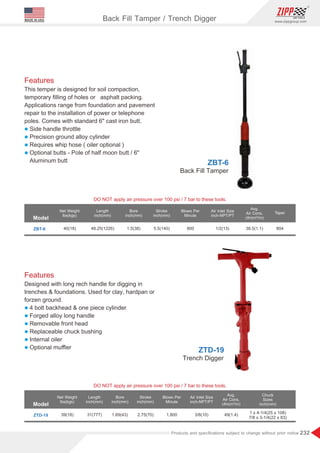 232
www.zippgroup.com
Products and speciﬁcations subject to change without prior notice
MADE IN USA Back Fill Tamper / Trench Digger
Model
Model
ZTD-19
ZBT-6
39(18)
40(18)
2.75(70)
5.5(140)
31(777)
48.25(1226)
1,800
800
49(1.4)
38.5(1.1)
3/8(10)
1/2(13)
1.69(43)
1.5(38)
Length
inch(mm)
Length
inch(mm)
Bore
inch(mm)
Bore
inch(mm)
Stroke
inch(mm)
Stroke
inch(mm)
Blows Per
Minute
Blows Per
Minute
Chuck
Sizes
inch(mm)
Taper
Avg.
Air Cons.
cfm(m³/m)
Avg.
Air Cons.
cfm(m³/m)
Net Weight
lbs(kgs)
Net Weight
lbs(kgs)
804
Air Inlet Size
inch-NPT/PT
Air Inlet Size
inch-NPT/PT
DO NOT apply air pressure over 100 psi / 7 bar to these tools.
DO NOT apply air pressure over 100 psi / 7 bar to these tools.
Back Fill Tamper
ZBT-6
Trench Digger
ZTD-19
1x4-1/4(25x108)
7/8x3-1/4(22x83)
Features
Designed with long rech handle for digging in
trenches  foundations. Used for clay, hardpan or
forzen ground.
l 4 bolt backhead  one piece cylinder
l Forged alloy long handle
l Removable front head
l Replaceable chuck bushing
l Internal oiler
l Optional muﬄer
Features
This temper is designed for soil compaction,
temporary ﬁlling of holes or asphalt packing.
Applications range from foundation and pavement
repair to the installation of power or telephone
poles. Comes with standard 6 cast iron butt.
l Side handle throttle
l Precision ground alloy cylinder
l Requires whip hose ( oiler optional )
l Optional butts - Pole of half moon butt / 6
Aluminum butt
 