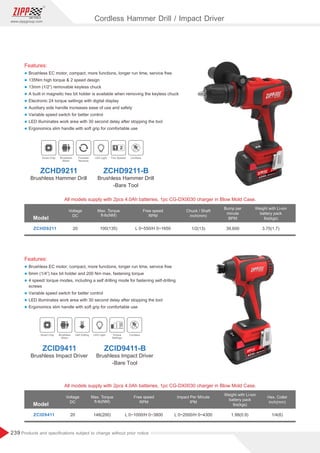 239
www.zippgroup.com
Products and speciﬁcations subject to change without prior notice
Model
ZCID9411 20 148(200) L 0~1000/H 0~3800 L 0~2000/H 0~4300 1.98(0.9) 1/4(6)
Voltage
DC
Free speed
RPM
Impact Per Minute
IPM
Hex. Collet
inch(mm)
Weight with Li-ion
battery pack
lbs(kgs)
Max. Torque
ft-lb(NM)
Cordless Hammer Drill / Impact Driver
Model
ZCHD9211 20 L 0~550/H 0~1650100(135) 1/2(13) 39,600 3.75(1.7)
Voltage
DC
Weight with Li-ion
battery pack
lbs(kgs)
Free speed
RPM
Chuck / Shaft
inch(mm)
Max. Torque
ft-lb(NM)
Bump per
minute
BPM
All models supply with 2pcs 4.0Ah batteries, 1pc CG-DX0030 charger in Blow Mold Case.
All models supply with 2pcs 4.0Ah batteries, 1pc CG-DX0030 charger in Blow Mold Case.
Smart Chip Brushless
Motor
Self Drilling LED Light Torque
Settings
Cordless
ZCID9411 ZCID9411-B
BrushlessImpactDriver BrushlessImpactDriver
-Bare Tool
Smart Chip Brushless
Motor
Forward/
Reverse
LED Light Two Speeds Cordless
ZCHD9211 ZCHD9211-B
BrushlessHammer Drill BrushlessHammer Drill
-Bare Tool
Features:
l Brushless EC motor, compact, more functions, longer run time, service free
l 135Nm high torque  2 speed design
l 13mm (1/2”) removable keyless chuck
l A built in magnetic hex bit holder is available when removing the keyless chuck
l Electronic 24 torque settings with digital display
l Auxiliary side handle increases ease of use and safety
l Variable speed switch for better control
l LED illuminates work area with 30 second delay after stopping the tool
l Ergonomics slim handle with soft grip for comfortable use
Features:
l Brushless EC motor, compact, more functions, longer run time, service free
l 6mm (1/4”) hex bit holder and 200 Nm max, fastening torque
l 4 speed/ torque modes, including a self drilling mode for fastening self-drilling
screws
l Variable speed switch for better control
l LED illuminates work area with 30 second delay after stopping the tool
l Ergonomics slim handle with soft grip for comfortable use
 