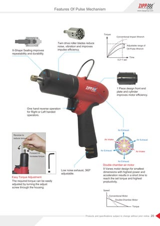 20
www.zippgroup.com
Products and speciﬁcations subject to change without prior notice
Air Exhaust
Air Exhaust
Air Exhaust
Air Exhaust Air Intake
Air Intake
X-Shape Sealing improves
repeatability and durability.
Twin drive roller blades reduce
noise, vibration and improves
impulse eﬃciency.
1 Piece design front end
plate and cylinder
improves motor eﬃciency.
Double chamber air motor
Easy Torque Adjustment
9 Vanes motor design for smallest
dimensions with highest power and
acceleration results in a short time to
reach the set torque and highest
productivity.The required torque can be easily
adjusted by turning the adjust
screw through the housing.
Low noise exhaust, 360º
adjustable.
One hand reverse operation
for Right or Left handed
operators.
Reverse to
reduce torque
Forward to
increase torque
Torque
Conventional Impact Wrench
Speed
Conventional Motor
Double-Chamber Motor
Torque
Adjustable range of
Oil-Pulse Wrench
Time
0.2~1 sec
Features Of Pulse Mechanism
 
