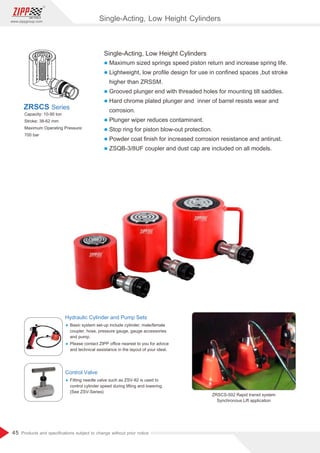 45
www.zippgroup.com
Products and speciﬁcations subject to change without prior notice
Single-Acting, Low Height Cylinders
l Maximum sized springs speed piston return and increase spring life.
l Lightweight, low proﬁle design for use in conﬁned spaces ,but stroke
higher than ZRSSM.
l Grooved plunger end with threaded holes for mounting tilt saddles.
l Hard chrome plated plunger and inner of barrel resists wear and
corrosion.
l Plunger wiper reduces contaminant.
l Stop ring for piston blow-out protection.
l Powder coat ﬁnish for increased corrosion resistance and antirust.
l ZSQB-3/8UF coupler and dust cap are included on all models.
Capacity: 10-90 ton
Stroke: 38-62 mm
Maximum Operating Pressure:
700 bar
ZRSCS Series
Hydraulic Cylinder and Pump Sets
Ÿ Basic system set-up include cylinder, male/female
coupler, hose, pressure gauge, gauge accessories
and pump.
Ÿ Please contact ZIPP oﬃce nearest to you for advice
and technical assistance in the layout of your ideal.
Control Valve
Ÿ Fitting needle valve such as ZSV-82 is used to
control cylinder speed during lifting and lowering.
(See ZSV-Series)
ZRSCS-502 Rapid transit system
Synchronous Lift application
Single-Acting, Low Height Cylinders
 