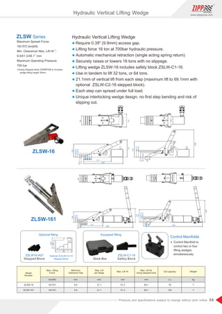 54
www.zippgroup.com
Products and speciﬁcations subject to change without prior notice
Safety Block
ZSLW-C1-16
Equipped ﬁtting
Stock Box
68
101
15151515
211
300
131
100
30.5
23.5
16.5
9.5
121
51.5
44.5
37.5
30.5
36
208
68
100
30.5
23.516.5
9.5
15151515
211
498
131
121
51.5
44.5
37.5
30.5
36 534
208
38.1
30
60
1515 15 15
Stepped Block
ZSLW16-A07
Optional ﬁtting
Hydraulic Vertical Lifting Wedge
l Require 0.39 (9.9mm) access gap.
l Lifting force 16 ton at 700bar hydraulic pressure.
l Automatic mechanical retraction (single acting spring return).
l Securely raises or lowers 16 tons with no slippage.
l Lifting wedge ZLSW-16 includes safety block ZSLW-C1-16.
l Use in tandem to lift 32 tons, or 64 tons.
l 21.1mm of vertical lift from each step (maximum lift to 69.1mm with
optional ZSLW-C2-16 stepped block).
l Each step can spread under full load.
l Unique interlocking wedge design, no ﬁrst step bending and risk of
slipping out.
Maximum Spread Force:
16(157) ton(kN)
1)
Min. Clearance/ Max. Lift Ht. :
1)
9.9/51.3-69.1 mm
Maximum Operating Pressure:
700 bar
1)Using Stepped block ZSWRFSB to increase
wedge lifting height 30mm.
ZLSW Series
ZLSW-16
ZLSW-161
Control Manifolds
Ÿ Control Manifold to
control two or four
lifting wedges
simultaneously.
Optional ZLSLW-C2-16
Stepped Block
Model
Number
Max. Lifting
Force
Minimum
clearance Gap
Max. Lift Ht.
Using stepped bock
Max. Lift
per Stage
Oil CapacityMax. Lift Ht. Weight
ZLSW-16
ZLSW-161
16(157)
16(157)
ton(kN)
9.9
9.9
69.1
69.1
mm mm
21.1
21.1
78
152
mm c.c
51.3
51.3
7
7
mm kg
Hydraulic Vertical Lifting Wedge
 