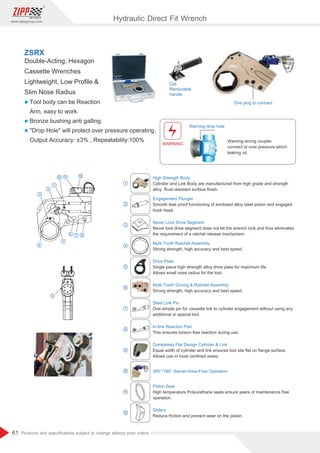61
www.zippgroup.com
Products and speciﬁcations subject to change without prior notice
Double-Acting, Hexagon
Cassette Wrenches
Lightweight, Low Proﬁle 
Slim Nose Radius
l Tool body can be Reaction
Arm, easy to work.
l Bronze bushing anti galling.
l Drop Hole will protect over pressure operating.
Output Accuracy: ±3% , Repeatability:100%
ZSRX
⑨
⑩
①
②
③
④
⑤
⑥ ⑧
⑫⑪
⑦
Opt
Removable
handle
High Strength Body
Cylinder and Link Body are manufactured from high grade and strength
alloy. Rust-resistant surface ﬁnish.
Engagement Plunger
Smooth leak proof functioning of enclosed alloy steel piston and engaged
hook head.
Never Lock Drive Segment
Never lock drive segment does not let the wrench lock and thus eliminates
the requirement of a ratchet release mechanism.
Multi Tooth Ratchet Assembly
Strong strength, high accuracy and best speed.
Drive Plate
Single piece high strength alloy drive plate for maximum life.
Allows small nose radius for the tool.
Multi-Tooth Driving  Ratchet Assembly
Strong strength, high accuracy and best speed.
Steel Link Pin
One simple pin for cassette link to cylinder engagement without using any
additional or special tool.
In-line Reaction Pad
This ensures torsion free reaction during use.
Completely Flat Design Cylinder  Link
Equal width of cylinder and link ensures tool sits ﬂat on ﬂange surface.
Allows use in most conﬁned areas.
360°*180° Swivel-Hose-Free Operation
Piston Seal
High temperature Polyurethane seals ensure years of maintenance free
operation.
Sliders
Reduce friction and prevent wear on the piston.
①
②
③
④
⑤
⑥
⑧
⑨
⑩
⑫
⑪
⑦
One plug to connect
WARNING
Warning wrong coupler
connect or over pressure which
leaking oil.
Warning drop hole
Hydraulic Direct Fit Wrench
 