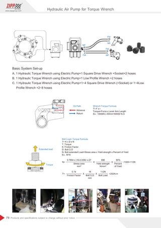 79
www.zippgroup.com
Products and speciﬁcations subject to change without prior notice
MF
FM
FM
MF
FM
MF
Basic System Set-up
A. 1 Hydraulic Torque Wrench using Electric Pump+1 Square Drive Wrench +Socket+2 hoses
B. 1 Hydraulic Torque Wrench using Electric Pump+1 Low Proﬁle Wrench +2 hoses
C. 1 Hydraulic Torque Wrench using Electric Pump+1~4 Square Drive Wrench (+Socket) or 1~4Low
Proﬁle Wrench +2~8 hoses
Oil Path
Advance
Return
Wrench Torque Formula
T= F x r
Torque=Force x Lever Arm Length
Ex.: 1000kN x 60mm=60000 N.m
Extended load
Torque
Bolt Load- Torque Formula
T= K x D x N
T: Torque
K: Friction Factor
D: Bolt O.D
N: Bolt extended Load=Stress area x Yield strength x Percent of Yield
Ex.: M16
0.7854 x (16-0.9382 x 2)²
0.14
896
16
80%
112N
Stress area
mm²
Friction Factor
Yield strength
N/mm²
Bolt O.D
mm
Percent
of Yield
Bolt Load
X
X
N=
T=
X
X
/1000=112N
=252N.m
Hydraulic Air Pump for Torque Wrench
 
