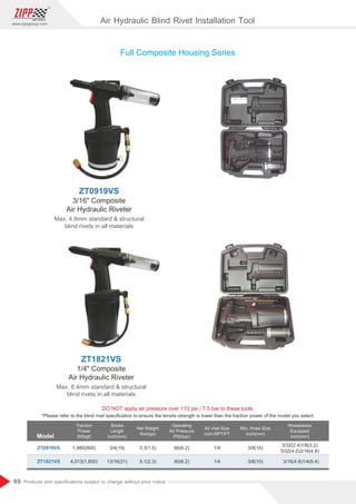 89
www.zippgroup.com
Products and speciﬁcations subject to change without prior notice
Model
DO NOT apply air pressure over 110 psi / 7.5 bar to these tools.
Traction
Power
Ibf(kgf)
Stroke
Length
inch(mm)
Net Weight
Ibs(kgs)
Operating
Air Pressure
PSI(bar)
Air inlet Size
inch-NPT/PT
Min. Hose Size
inch(mm)
Nosepieces
Equipped
inch(mm)
ZT0919VS
ZT1821VS
1,980(900)
4,013(1,800)
3/4(19)
13/16(21)
3.3(1.5)
5.1(2.3)
90(6.2)
90(6.2)
1/4
1/4
3/8(10)
3/8(10)
3/32(2.4)1/8(3.2)
5/32(4.0)3/16(4.8)
3/16(4.8)1/4(6.4)
*Please refer to the blind rivet speciﬁcation to ensure the tensile strength is lower than the traction power of the model you select.
ZT0919VS
3/16 Composite
Air Hydraulic Riveter
Max. 4.8mm standard  structural
blind rivets in all materials
ZT1821VS
1/4 Composite
Air Hydraulic Riveter
Max. 6.4mm standard  structural
blind rivets in all materials
Full Composite Housing Series
Air Hydraulic Blind Rivet Installation Tool
 