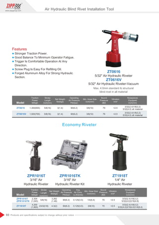93
www.zippgroup.com
Products and speciﬁcations subject to change without prior notice
ZT1918T
ZT0616
ZT0616V
ZPR1016T ZPR1016TK
ZPR1016T
ZPR1016TK
2,304
(1,045)
5/8(16)
3.262
(1.48)
90(6.2) 70 2.5
Model
Model
Traction
Power
lbf(kgf)
Traction
Power
lbf(kgf)
Stroke
Length
inch(mm)
Stroke
Length
inch(mm)
Net Weight
Ibs(kgs)
Net Weight
Ibs(kgs)
Operating
Air Pressure
PSI(bar)
Operating
Air Pressure
PSI(bar)
Avg.
Air Cons.
cu.ft/stroke
Min. Hose Size
inch(mm)
Min. Hose Size
inch(mm)
Sound
Pressure
dBA
Sound
Pressure
dBA
Vibration
m/s²
Vibration
m/s²
ZT1918T
ZT0616V
ZT0616
4,200
(1,900)
1,300(600)
1,500(700)
23/32(18)
5/8(16)
5/8(16)
4.3(2)
3(1.4)
3(1.4)
90(6.2)
90(6.2)
90(6.2)
0.125(3.5)
0.125(3.5)
3/8(10)
3/8(10)
3/8(10)
70
79
79
2.5
2.5
2.5
1/4(6.4)
3/16 Air
Hydraulic Riveter
1/4 Air
Hydraulic Riveter
5/32 Air Hydraulic Riveter
5/32 Air Hydraulic Riveter-Vacuum
3/16 Air
Hydraulic Riveter Kit
Air Hydraulic Blind Rivet Installation Tool
Features
l Stronger Traction Power.
l Good Balance To Minimum Operator Fatigue.
l Trigger Is Comfortable Operation At Any
Direction.
l Screw Plug Is Easy For Reﬁlling Oil.
l Forged Aluminum Alloy For Strong Hydraulic
Section.
Economy Riveter
Nosepieces
Equipped
inch(mm)
3/32(2.4)1/8(3.2)
5/32(4.0) all material
3/32(2.4)1/8(3.2)
5/32(4.0) all material
Max. 4.0mm standard  structural
blind rivet in all material
Nosepieces
Equipped
inch(mm)
3/32(2.4)1/8(3.2)
5/32(4.0)3/16(4.8)
3/32(2.4)1/8(3.2)
5/32(4.0)3/16(4.8)1/4(6.4)
 