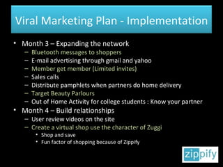 Month 3 – Expanding the network Bluetooth messages to shoppers E-mail advertising through gmail and yahoo Member get member (Limited invites) Sales calls Distribute pamphlets when partners do home delivery Target Beauty Parlours Out of Home Activity for college students : Know your partner Month 4 – Build relationships User review videos on the site Create a virtual shop use the character of Zuggi Shop and save Fun factor of shopping because of Zippify Viral Marketing Plan - Implementation 