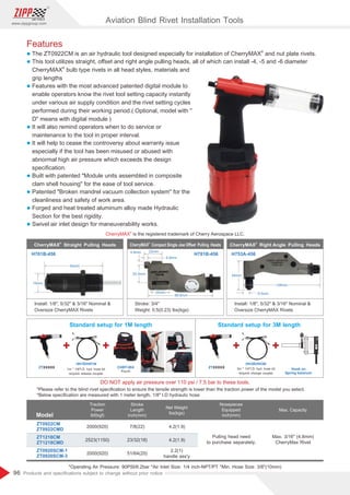 96
www.zippgroup.com
Products and speciﬁcations subject to change without prior notice
Features
l
®
The ZT0922CM is an air hydraulic tool designed especially for installation of CherryMAX and nut plate rivets.
l This tool utilizes straight, oﬀset and right angle pulling heads, all of which can install -4, -5 and -6 diameter
®
CherryMAX bulb type rivets in all head styles, materials and
grip lengths
l Features with the most advanced patented digital module to
enable operators know the rivet tool setting capacity instantly
under various air supply condition and the rivet setting cycles
performed during their working period.( Optional, model with 
D means with digital module )
l It will also remind operators when to do service or
maintenance to the tool in proper interval.
l It will help to cease the controversy about warranty issue
especially if the tool has been misused or abused with
abnormal high air pressure which exceeds the design
speciﬁcation.
l Built with patented Module units assembled in composite
clam shell housing for the ease of tool service.
l Patented Broken mandrel vacuum collection system for the
cleanliness and safety of work area.
l Forged and heat treated aluminum alloy made Hydraulic
Section for the best rigidity.
l Swivel air inlet design for maneuverability works.
*Operating Air Pressure: 90PSI/6.2bar *Air Inlet Size: 1/4 inch-NPT/PT *Min. Hose Size: 3/8(10mm)
Model
Traction
Power
lbf(kgf)
Stroke
Length
inch(mm)
Net Weight
lbs(kgs)
Nosepieces
Equipped
inch(mm)
ZT0922CM
ZT0922CMD
2000(920) 7/8(22) 4.2(1.9)
Pulling head need
to purchase separately.
Max. Capacity
Max. 3/16 (4.8mm)
CherryMax Rivet
Aviation Blind Rivet Installation Tools
ZT1218CM
ZT1218CMD
2523(1150) 23/32(18) 4.2(1.9)
ZT0920SCM-1
ZT0920SCM-3
2000(920) 51/64(20)
2.2(1)
handle ass'y
®
CherryMAX Compact Single Jaw Offset Pulling Heads
®
CherryMAX Straight Pulling Heads
®
CherryMAX Right Angle Pulling Heads
H781B-456
H701B-456 H753A-456
Stroke: 3/4
Weight: 0.5(0.23) lbs(kgs)
Install: 1/8, 5/32  3/16 Nominal 
Oversize CherryMAX Rivets
Install: 1/8, 5/32  3/16 Nominal 
Oversize CherryMAX Rivets
54mm
19mm
9.5mm
54mm
138mm
22mm
4.8mm
4.8mm
20mm
88.9mm
25.4mm
®
CherryMAX is the registered trademark of Cherry Aerospace LLC.
DO NOT apply air pressure over 110 psi / 7.5 bar to these tools.
*Please refer to the blind rivet speciﬁcation to ensure the tensile strength is lower than the traction power of the model you select.
*Below speciﬁcation are measured with 1 meter length, 1/8 I.D hydraulic hose
Standard setup for 1M length
1m * 1/8I.D. hyd. hose kit
w/quick release coupler
Standard setup for 3M length
3m * 1/4I.D. hyd. hose kit
w/quick change coupler
CHBT-004
HH1R/HH1N HH3R/HH3N
ZTXXXXX ZTXXXXX
Pouch
Hook on
Spring balancer
 
