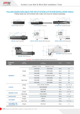 104
www.zippgroup.com
Products and speciﬁcations subject to change without prior notice
Aviation Lock Bolt  Blind Bolt Installation Tools
®
CherryMax is the registered trademark of Cherry Aerospace LLC.
22/32
3-3/16
2-1/4
1-1/2
H1900-456 Straight Pulling Head
3-1/2
3
2-5/8
11/32
H513SRC-06-35 Straight Pulling Head
3-9/16
2
15/32
1-3/8
H563-4B, H563-5B, H563-6B Oﬀset Pulling Head
3-13/16
1-3/4
1-15/32
1/2
H562-6B, H562-8B Oﬀset Pulling Head
6-3/8
1-1/32
2-7/32
3-1/8
1/2
H829-56MBPS Right Angle Pulling Head
5
1-7/16
2-1/4
3/8
H856-6MB, Oﬀset Pulling Head
4-1/32
3-1/32
15/32
7/8
H84B-568 Straight Pulling Head
2.83
1.99
0.75
H84A-8 Straight Pulling Head
-05
-06
-08
-06
-05
-06
-08
-4, -5, -6, -8
-4, -5,-6
-6, -8
-5, -6, -8
-5, -6
-4, -5, -6
-8
-5, -6, -8
None
None
None
Yes
None
None
None
None
None
Yes
None
None
None
None
None
H83B-5MBU
H83B-6MBU
H84A-8MBU
H856-6MB+856-003
H829-5MBU
H829-6MBU
H829-8MBU
H83B-5MB
H83B-6MB
H84A-8MB
H856-6MB
H829-5MB
H829-6MB
H829-8MB
Straight
Straight
Straight
Straight
Straight
Straight
Oﬀset
Oﬀset
Right Angle
Right Angle
Right Angle
Pulling
Head Type
Tool
Part Number
Adaptor Diameter
Fastener
Type
®
MAXIBOLT S TYPE ®
MAXIBOLT U TYPE
®
MAXIBOLT
®
MAXIBOLT PLUS
®
CherryMAX
®
CherryMAX 'AB'
®
CherryLOCK A
NAS1919/1921
Lockbolt
None -8
H513, H513S, H513SR
H563-4B/5B/6B
H562-6B/8B
H84B-568*
H829-56MBPS
H1900-456
H84A-8
H829-8
H84-8CLA
PULLING HEADS AVAILABLE FOR THE ZT1914CM  ZT1912CM INSTALLATION TOOLS
Pulling heads are not furnished with riveter and must be ordered separately.
 