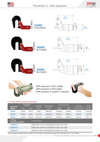 121
www.zippgroup.com
Products and speciﬁcations subject to change without prior notice
ZIPP squeezer is 50% smaller
ZIPP squeezer is 50% lighter
ZIPP squeezer is quieter in operation
Z3500C
3.5K FORCE
Ø1.48
(37.6mm)
3.92
(99.6mm)
MADE IN USA
Ø1.88
(47.8mm)
4.84
(123mm)
Ø2.2
(55.9mm)
4.84
(123mm)
Z6000C
6K FORCE
Z9000C
9K FORCE
1.25(0.56)
0 55 9
. ( )
5/32(4) 1/8(3.2) 3480 15 5
( . ) 3 1
500(24. ) 4500( )
31 0.55(14)
Squeezer
Model
Weight
(w/o Yoke)
lbs(kgs)
Rivet Set
(compression Pin)
Travel inch(mm)
Z3500C
Fluid Disp
Required
in³ (cc)
Force At Normal
Hyd Pressure
lbf(kN)
MAX
psi(MPa)
Rivet Capacity
Diameter
Alum Steel
Hydraulic Pressure
Normal
psi(MPa)
Z3500C+ZPI-11016 3.5K SQUEEZER SYSTEM, W/O YOKE
C-Yoke
Squeezer System
Z3500CK-0
Contents included
Pneudraulic C -Yoke Squeezers
*All C-Squeezers accept industry standard CP-214 yokes. *All Squeezers accept rivet dies with 3/16 (0.187) shanks.
* C yoke need to purchase separately
Z6000C+ZPI-15047F 6K SQUEEZER SYSTEM, W/O YOKE
Z9000C+ZPI-15047F 9K SQUEEZER SYSTEM, W/O YOKE
Z6000CK-0
Z9000CK-0
1.72(0.78)
2 6(1 17)
. .
0.97(15.9)
0.32(21.6)
3/16(4.8)
1/4(6.4)
5/32(4)
3/16(4.8)
6185(27.5)
8420(37.4)
3500(24.1)
3500(24.1)
4500(31)
4500(31)
0.55(14)
0.55(14)
Z6000C
Z9000C
 