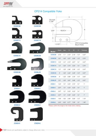 122
www.zippgroup.com
Products and speciﬁcations subject to change without prior notice
REACH
C
1.3125
GAP
Die Hole
0.188
CP214 Compatible
Mount Holes
A
Z3028-1 Z3028-2
Z3028-3
Z3028-5
Z3028-4
Z3028-6
C030C15 C030C30
C030C40
C030C08
C030C13
C030C09
C030C14
C030L25
CP214 Compatible Yoke
Model
C030C08
C030C09
C030C13
C030C14
C030C15
C030C30
C030C40
C030L25
Z3028-1
Z3028-2
Z3028-3
Z3028-4
Z3028-5
Z3028-6
1.1
1.02
1.41
1.02
1.25
1.25
1.25
1.25
1.5
1.5
1.5
1.5
1.92
3.93
0.78
0.9
1.33
1.4
1.5
3
4
2.5
1.32
2.07
3.07
4.07
1.49
3.53
2.72
3.27
2.72
3.73
2.98
4.44
5.89
3.67
3.23
4.23
5.23
6.35
3.46
6.77
2.16
2.69
2.87
3.02
3.39
3.29
3.76
3.98
3.72
4.22
4.22
4.22
5.68
7.09
1.12
1.12
1.4
1.4
1.12
1.12
1.12
1.12
1.4
1.4
1.4
1.4
1.12
1.5
0.57
0.75
0.57
0.75
0.57
0.57
0.83
0.57
1
1
1
1
1.18
1.38
Reach Gap A B C Thickness
*Please conﬁrm the length of die holder when ordering.
 