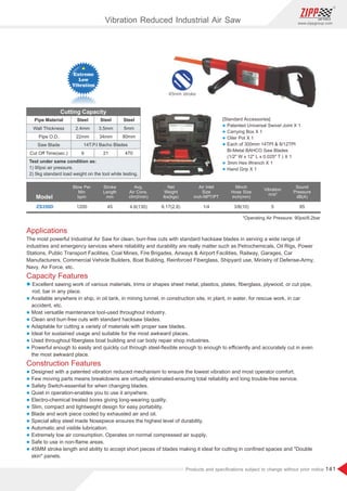 141
www.zippgroup.com
Products and speciﬁcations subject to change without prior notice
45mm stroke
PipeMaterial Steel Steel
Steel
Wall Thickness
Pipe O.D.
Saw Blade
Cut Off Time(sec.)
2.4mm
22mm
9
3.5mm
34mm
21
5mm
80mm
470
14T.P.I Bacho Blades
Test under same condition as:
1) 90psi air pressure.
2) 5kg standard load weight on the tool while testing.
CuttingCapacity
Model
ZS350D 1200 45 4.6(130) 6.17(2.8) 1/4 3/8(10) 5 85
Blow Per
Min
bpm
Stroke
Length
mm
Avg.
Air Cons.
cfm(l/min)
Net
Weight
lbs(kgs)
Minch
Hose Size
inch(mm)
Vibration
m/s²
Sound
Pressure
dB(A)
Air Inlet
Size
inch-NPT/PT
*Operating Air Pressure: 90psi/6.2bar
Vibration Reduced Industrial Air Saw
[Standard Accessories]
l Patented Universal Swivel Joint X 1
l Carrying Box X 1
l Oiler Pot X 1
l Each of 300mm 14TPI  8/12TPI
Bi-Metal BAHCO Saw Blades
(1/2 W x 12 L x 0.025 T ) X 1
l 3mm Hex Wrench X 1
l Hand Grip X 1
Applications
The most powerful Industrial Air Saw for clean, burr-free cuts with standard hacksaw blades in serving a wide range of
industries and emergency services where reliability and durability are really matter such as Petrochemicals, Oil Rigs, Power
Stations, Public Transport Facilities, Coal Mines, Fire Brigades, Airways  Airport Facilities, Railway, Garages, Car
Manufacturers, Commercial Vehicle Builders, Boat Building, Reinforced Fiberglass, Shipyard use, Ministry of Defense-Army,
Navy, Air Force, etc.
Capacity Features
l Excellent sawing work of various materials, trims or shapes sheet metal, plastics, plates, ﬁberglass, plywood, or cut pipe,
rod, bar in any place.
l Available anywhere in ship, in oil tank, in mining tunnel, in construction site, in plant, in water, for rescue work, in car
accident, etc.
l Most versatile maintenance tool-used throughout industry.
l Clean and burr-free cuts with standard hacksaw blades.
l Adaptable for cutting a variety of materials with proper saw blades.
l Ideal for sustained usage and suitable for the most awkward places.
l Used throughout ﬁberglass boat building and car body repair shop industries.
l Powerful enough to easily and quickly cut through steel-ﬂexible enough to enough to eﬃciently and accurately cut in even
the most awkward place.
Construction Features
l Designed with a patented vibration reduced mechanism to ensure the lowest vibration and most operator comfort.
l Few moving parts means breakdowns are virtually eliminated-ensuring total reliability and long trouble-free service.
l Safety Switch-essential for when changing blades.
l Quiet in operation-enables you to use it anywhere.
l Electro-chemical treated bores giving long-wearing quality.
l Slim, compact and lightweight design for easy portability.
l Blade and work piece cooled by exhausted air and oil.
l Special alloy steel made Nosepiece ensures the highest level of durability.
l Automatic and visible lubrication.
l Extremely low air consumption. Operates on normal compressed air supply.
l Safe to use in non-ﬂame areas.
l 45MM stroke length and ability to accept short pieces of blades making it ideal for cutting in conﬁned spaces and Double
skin panels.
 