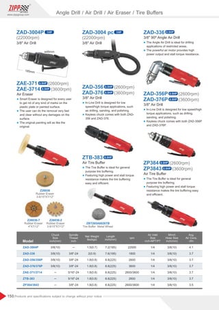 150
www.zippgroup.com
Products and speciﬁcations subject to change without prior notice
185mm
ø48mm
3/8 Air Drill
ZAD-3004P
(22000rpm)
1HP
3/8 Air Drill
ZAD-3004 pc
(22000rpm)
1HP
Z26036
Z26036-2
Z26036-7
ZBT265A6026TB
3/8 90º Angle Air Drill
l The Angle Air Drill is ideal for drilling
applications of restricted areas.
l The powerful air motor provides high
power output and stall torque resistance.
ZAD-336 0.5HP
0.5HP
0.5HP
ZTB-383 0.5HP
0.5HP
0.5HP
0.5HP
0.5HP
Air Tire Buﬀer
ZP384
ZP3843 (3600rpm)
(2600rpm)
0.5HP
0.5HP
ZAE-371
ZAE-3714
Air Eraser
(3600rpm)
(2600rpm)
Air Tire Buﬀer
ZAD-356
ZAD-376
3/8 Air Drill
(3600rpm)
(2600rpm)
ZAD-356P
ZAD-376P
3/8 Air Drill
(3600rpm)
(2600rpm)
Angle Drill / Air Drill / Air Eraser / Tire Buﬀers
Model
ZAD-3004P
ZAD-336
ZAD-356/356P
ZAD-376/376P
ZAE-371/3714
ZTB-383
ZP384/3843
─
3/8-24
3/8-24
3/8-24
5/16-24
5/16-24
3/8-24
3/8(10)
3/8(10)
3/8(10)
3/8(10)
─
─
─
1.5(0.7)
2(0.9)
1.8(0.8)
1.8(0.8)
1.8(0.8)
1.8(0.8)
1.8(0.8)
7.2(185)
7.6(195)
8.8(225)
8.8(225)
8.8(225)
8.8(225)
8.8(225)
22000
1800
2600
3600
2600/3600
2600
2600/3600
1/4
1/4
1/4
1/4
1/4
1/4
1/4
3/8(10)
3/8(10)
3/8(10)
3/8(10)
3/8(10)
3/8(10)
3/8(10)
4.1
3.7
3.7
3.7
3.7
3.7
3.5
Spindle
Thread
inch
Chuck
Size
inch(mm)
Length
inch(mm)
rpm
Air Inlet
Size
inch-NPT/PT
Avg.
Air Cons.
cfm
Minch
Hose Size
inch(mm)
Net Weight
lbs(kgs)
l Smart Eraser is designed for every user
to get rid of any kind of marks on the
plastic plate or painted surface.
l The user can do the removal very fast
and clear without any damages on the
surface.
l The original painting will as like the
original.
l The Tire Buﬀer is ideal for general
purpose tire buﬀering.
l Featuring high power and stall torque
resistance makes the tire buﬀering
easy and eﬃcient.
l In-Line Drill is designed for low
speed/high torque applications, such
as drilling, sanding, and polishing.
l Keyless chuck comes with both ZAD-
356 and ZAD-376.
l In-Line Drill is designed for low speed/high
torque applications, such as drilling,
sanding, and polishing.
l Keyless chuck comes with both ZAD-356P
and ZAD-376P.
l The Tire Buﬀer is ideal for general
purpose tire buﬀering.
l Featuring high power and stall torque
resistance makes the tire buﬀering easy
and eﬃcient.
 