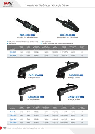 156
www.zippgroup.com
Products and speciﬁcations subject to change without prior notice
Industrial 1/4 Air Die Grinder
Industrial 1/4 Air Die Grinder
Air Angle Grinder
Air Angle Grinder
Air Angle Grinder
Air Angle Grinder
ZAG213B
ZAG213BF
ZAG213A
ZAG213AF
Industrial Air Die Grinder / Air Angle Grinder
Model
Model
Grinding
Wheel
inch(mm)
Size of
Collet
inch(mm)
Overall
Length
inch(mm)
Overall
Length
inch(mm)
Minch Hose
Size
inch(mm)
Minch Hose
Size
inch(mm)
Free
Speed
rpm
Free
Speed
rpm
Air Inlet
Size
inch-NPT/PT
Air Inlet
Size
inch-NPT/PT
Operating
Air Pressure
psi(bar)
Operating
Air Pressure
psi(bar)
Avg. Air
Consumption
cfm(l/min)
Avg. Air
Consumption
cfm(l/min)
Net
Weight
lbs(kgs)
Net
Weight
lbs(kgs)
ZAG213A
ZAG213B
ZAG213AF
ZAG213BF
ZDG-S215
ZDG-S24B
2(50)
2(50)
1/4(6)
1/4(6)
1/4(6)
1/4(6)
90(6.2)
90(6.2)
90(6.2)
90(6.2)
90(6.2)
90(6.2)
15000
15000
15000
15000
24000
24000
7.8(220)
6.7(190)
7.8(220)
6.7(190)
7.8(220)
7.8(220)
1.46(0.66)
1.64(0.74)
1.44(0.65)
1.61(0.73)
1.46(0.66)
1.7(0.77)
6-3/16(157)
7-13/32(188)
6-3/16(157)
7-13/32(188)
6-11/16(170)
7-3/64(179)
3/8(10)
3/8(10)
3/8(10)
3/8(10)
3/8(10)
3/8(10)
1/4
1/4
1/4
1/4
1/4
1/4
l High power, eﬃcient motor for heavy grinding works.
l Side exhaust.
l Roll type throttle.
l Compact and durable steel housing for long service life.
ZDG-S215 0.3HP
0.3HP
0.3HP
ZDG-S24B 0.3HP
0.3HP
0.3HP
 