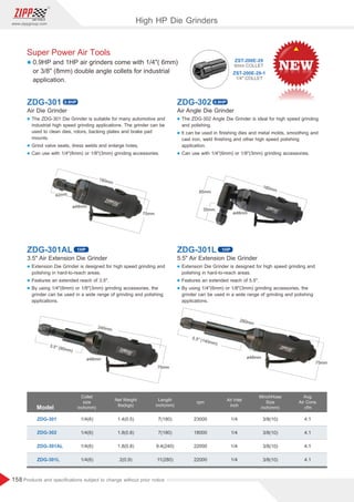 158
www.zippgroup.com
Products and speciﬁcations subject to change without prior notice
35mm
180mm
ø48mm
85mm
ø48mm
240mm
75mm
3.5 (90mm)
ZST-200E-29
6mm COLLET
ZST-200E-29-1
1/4 COLLET
Super Power Air Tools
l 0.9HP and 1HP air grinders come with 1/4( 6mm)
or 3/8 (8mm) double angle collets for industrial
application.
ZDG-301 ZDG-302
Air Die Grinder Air Angle Die Grinder
l The ZDG-301 Die Grinder is suitable for many automotive and
industrial high speed grinding applications. The grinder can be
used to clean dies, rotors, backing plates and brake pad
mounts.
l Grind valve seats, dress welds and enlarge holes.
l Can use with 1/4(6mm) or 1/8(3mm) grinding accessories.
l The ZDG-302 Angle Die Grinder is ideal for high speed grinding
and polishing.
l lt can be used in ﬁnishing dies and metal molds, smoothing and
cast iron, weld ﬁnishing and other high speed polishing
application.
l Can use with 1/4(6mm) or 1/8(3mm) grinding accessories.
0.9HP
ZDG-301AL
3.5 Air Extension Die Grinder
l Extension Die Grinder is designed for high speed grinding and
polishing in hard-to-reach areas.
l Features an extended reach of 3.5.
l By using 1/4(6mm) or 1/8(3mm) grinding accessories, the
grinder can be used in a wide range of grinding and polishing
applications.
1HP ZDG-301L
5.5 Air Extension Die Grinder
l Extension Die Grinder is designed for high speed grinding and
polishing in hard-to-reach areas.
l Features an extended reach of 5.5.
l By using 1/4(6mm) or 1/8(3mm) grinding accessories, the
grinder can be used in a wide range of grinding and polishing
applications.
1HP
0.9HP
Model
Collet
size
inch(mm)
Air Inlet
inch
MinchHose
Size
inch(mm)
Net Weight
lbs(kgs)
rpm
ZDG-301 1.4(0.5)
1.8(0.8)
1.8(0.8)
2(0.9)
3/8(10)
3/8(10)
3/8(10)
3/8(10)
1/4
1/4
1/4
1/4
4.1
4.1
4.1
4.1
23000
18000
22000
22000
1/4(6)
1/4(6)
1/4(6)
1/4(6)
Avg.
Air Cons.
cfm
ZDG-302
ZDG-301AL
ZDG-301L
Length
inch(mm)
7(180)
7(180)
9.4(240)
11(280)
ø48mm
280mm
75mm
5.5 (140mm)
180mm
42mm
75mm
ø48mm
High HP Die Grinders
 