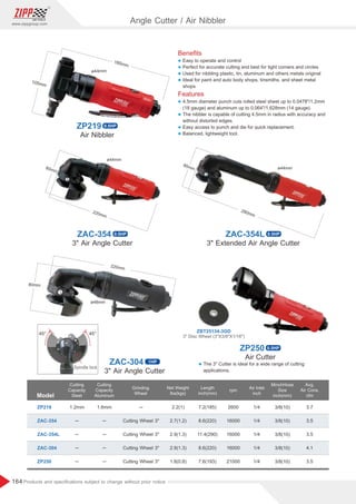 164
www.zippgroup.com
Products and speciﬁcations subject to change without prior notice
Angle Cutter / Air Nibbler
ZAC-354 0.5HP
3 Extended Air Angle Cutter
ZAC-354L 0.5HP
ZAC-304 1HP
80mm
220mm
ø48mm
ZBT25134-3GD
ZP250 0.5HP
3 Air Angle Cutter
Model
Grinding
Wheel
Air Inlet
inch
MinchHose
Size
inch(mm)
Net Weight
lbs(kgs)
rpm
ZP219
ZAC-354
ZAC-354L
ZAC-304
ZP250
2.2(1)
2.7(1.2)
2.9(1.3)
2.9(1.3)
1.8(0.8)
3/8(10)
3/8(10)
3/8(10)
3/8(10)
3/8(10)
1/4
1/4
1/4
1/4
1/4
3.7
3.5
3.5
4.1
3.5
2600
16000
16000
16000
21000
─
Cutting Wheel 3
Cutting Wheel 3
Cutting Wheel 3
Cutting Wheel 3
Avg.
Air Cons.
cfm
Length
inch(mm)
7.2(185)
8.6(220)
11.4(290)
8.6(220)
7.6(193)
80mm
ø44mm
220mm
ø44mm
290mm
Beneﬁts
l Easy to operate and control
l Perfect for accurate cutting and best for tight corners and circles
l Used for nibbling plastic, tin, aluminum and others metals original
l Ideal for paint and auto body shops, tinsmiths, and sheet metal
shops
Features
l 4.5mm diameter punch cuts rolled steel sheet up to 0.0478/1.2mm
(18 gauge) and aluminum up to 0.064/1.628mm (14 gauge).
l The nibbler is capable of cutting 4.5mm in radius with accuracy and
without distorted edges.
l Easy access to punch and die for quick replacement.
l Balanced, lightweight tool.
Air Nibbler
185mm
ø44mm
105mm
80mm
45° 45°
Spindle lock
3 Air Angle Cutter
Air Cutter
l The 3 Cutter is ideal for a wide range of cutting
applications.
Cutting
Capacity
Steel
Cutting
Capacity
Aluminum
1.6mm
─
─
─
─
1.2mm
─
─
─
─
ZP219 0.5HP
 