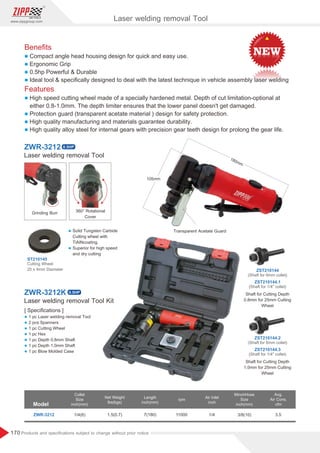 170
www.zippgroup.com
Products and speciﬁcations subject to change without prior notice
Beneﬁts
l Compact angle head housing design for quick and easy use.
l Ergonomic Grip
l 0.5hp Powerful  Durable
l Ideal tool  speciﬁcally designed to deal with the latest technique in vehicle assembly laser welding
Features
l High speed cutting wheel made of a specially hardened metal. Depth of cut limitation-optional at
either 0.8-1.0mm. The depth limiter ensures that the lower panel doesn't get damaged.
l Protection guard (transparent acetate material ) design for safety protection.
l High quality manufacturing and materials guarantee durability.
l High quality alloy steel for internal gears with precision gear teeth design for prolong the gear life.
Laser welding removal Tool
Grinding Burr
Laser welding removal Tool Kit
ZWR-3212
ZWR-3212K
[ Speciﬁcations ]
l 1 pc Laser welding removal Tool
l 2 pcs Spanners
l 1 pc Cutting Wheel
l 1 pc Hex
l 1 pc Depth 0.8mm Shaft
l 1 pc Depth 1.0mm Shaft
l 1 pc Blow Molded Case
Model
Collet
Size
inch(mm)
Air Inlet
inch
Length
inch(mm)
MinchHose
Size
inch(mm)
Net Weight
lbs(kgs)
rpm
ZWR-3212 1.5(0.7) 7(180) 3/8(10)
1/4 3.5
11000
1/4(6)
Avg.
Air Cons.
cfm
ST210145
ZST210144
ZST210144.2
ZST210144.1
ZST210144.3
Cutting Wheel
25 x 4mm Diameter
(Shaft for 6mm collet)
(Shaft for 6mm collet)
(Shaft for 1/4 collet)
(Shaft for 1/4 collet)
l Solid Tungsten Carbide
Cutting wheel with
TiAINcoating.
l Superior for high speed
and dry cutting
Transparent Acetate Guard
Shaft for Cutting Depth
0.8mm for 25mm Cutting
Wheel
Shaft for Cutting Depth
1.0mm for 25mm Cutting
Wheel
360° Rotational
Cover
Laser welding removal Tool
0.5HP
0.5HP
 