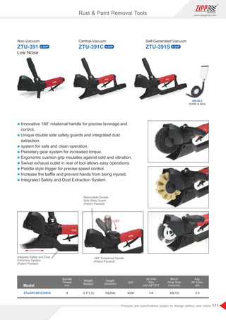 171
www.zippgroup.com
Products and speciﬁcations subject to change without prior notice
HOSE  BAG
HB-46-2
Rust  Paint Removal Tools
ZTU-391 ZTU-391C ZTU-391S
Non-Vacuum Central-Vacuum Self-Generated Vacuum
Model
ZTU391/391C/391S 9 2.7(1.2) 10(254) 4000 1/4 3/8(10) 3.5
Spindle
Thread
mm
Weight
lbs(kgs)
Length
inch(mm)
rpm
Air Inlet
Size
inch-NPT/PT
Avg.
Air Cons.
cfm
Minch
Hose Size
inch(mm)
Low Noise
l
o
Innovative 180 rotational handle for precise leverage and
control.
l Unique double side safety guards and integrated dust
extraction.
l system for safe and clean operation.
l Planetary gear system for increased torque.
l Ergonomic cushion grip insulates against cold and vibration.
l Swivel exhaust outlet in rear of tool allows easy operations.
l Paddle style trigger for precise speed control.
l Increase the baﬄe and prevent hands from being injured.
l Integrated Safety and Dust Extraction System.
180º
180º
0.5HP 0.5HP 0.5HP
 