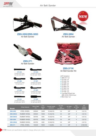 178
www.zippgroup.com
Products and speciﬁcations subject to change without prior notice
Air Belt Sander
Model
ZBS-3892
ZBS-3893A
ZBS-3893G
ZBS-3894
ZBS-3894G
ZBS-371
20X640
30X640
30X760
40X750
40X760
10X330
STEEL WHEEL
RUBBER WHEEL
RUBBER WHEEL
RUBBER WHEEL
RUBBER WHEEL
STEEL WHEEL
13000
13000
3300
13000
3300
16000
16.34(415)
16.34(415)
16.34(415)
16.34(415)
16.34(415)
11.6(295)
1/4
1/4
1/4
1/4
1/4
1/4
3/8
3/8
3/8
3/8
3/8
3/8
4
4
4
4
4
5
3.3(1.5)
3.3(1.5)
3.3(1.5)
3.3(1.5)
3.3(1.5)
2.09(0.95)
Size of Belt
mm
Wheel Material
Overall Length
inch(mm)
Air Inlet
Size
inch-NPT/PT
Free
Speed
rpm
Avg.
Air Cons.
cfm
Air Hose
(I.D.)
Net
Weight
lbs(kgs)
ZBS ZBS
-3892/ -3893
ZBS-371
ZBS-371K
ZBS-3894
[ KIT Contents ]
l ZBS-371 1 pc
l 371-AA 1 pc
l 371-AD 1 pc
l 371-BB 1 pc
l 371-BF 1 pc
l 371-BG 1 pc
l 371-BH 1 pc
l 371-CC 1 pc
l 371-DE 1 pc
l 3 pcs Belt of Each Arm
(#80, #100, #120) 24 pcs
l Blow Case 1 pc
Air Belt Sander
Air Belt Sander
Air Belt Sander
Air Belt Sander Kit
Contact Arm Assy
for belt wide 3
371-BB
Contact Arm Assy
for belt wide 810
371-AA
Contact Arm Assy
for belt wide 35
371-BG
Contact Arm Assy
for belt wide 1012
371-CC
Contact Arm Assy
for belt wide 810
371-BF
Contact Arm Assy
for belt wide 1012
371-AD
Contact Arm Assy
for belt wide 56
371-BH
Contact Arm Assy
for belt wide 810
371-DE
 