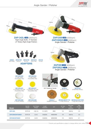 179
www.zippgroup.com
Products and speciﬁcations subject to change without prior notice
ZAP330825 (2400rpm)
0.5HP
ZAP30825 (2400rpm)
1HP
ZAP3308 (4000rpm)
0.5HP
ZAP308 (4000rpm)
1HP
Right Angle Buﬀer, 3 Diameter
(3 Rotary Right Angle Polsher)
ZAP-342L (2600rpm)
0.5HP
Angle Sander / Polisher
Model
Spindle
Thread
Air Inlet
inch
Length
inch(mm)
Min.Hose
Size
inch(mm)
Net Weight
lbs(kgs)
rpm
ZAP3308/ZAP330825
ZAP-342L
ZAP308/ZAP30825
2.6(1.2)
2.2(1)
2.2(1)
12.1(307)
8.8(225)
8.8(225)
3/8(10)
3/8(10)
3/8(10)
1/4
1/4
1/4
3.5
3.5
4.1
2600
4000/2400
4000/2400
5/16-24
5/16-24
5/16-24
Avg.
Air Cons.
cfm
180° Rotational Handle
RUBBER ERASER 5 PAD (Hook-up) 3 80g PAD (Hook-up)
STRIPPING WHEEL
3 POLOC PAD
Z26036-7 ZBTOB-386V0Y-T10 ZBTOB-38-3V0Y-W80
ZBT22748
Z210K-8
ADAPTERS
3/8x16NC M16-x2 M14-x2 5/8x11NC 1/4x20
Z26041 ZBT22749 ZBT22750 ZBT22751 Z23138
5 FINE GRAY
POLISHING PAD
5 COARSE YELLOW
POLISHING PAD
3 WOOL WHEEL
3 FINE GRAY
POLISHING PAD
3 COARSE YELLOW
POLISHING PAD
5 WOOL WHEEL
ZBT1650-05G
ZBT1650-05Y
ZBT1650-03W
ZBT1650-03G
ZBT1650-03Y
ZBT1650-05W
Angle Sander / Polisher
Angle Sander / Polisher
ø48mm
225mm
100mm
ø44mm
225mm
100mm
307mm
137mm
80mm
ø44mm
 