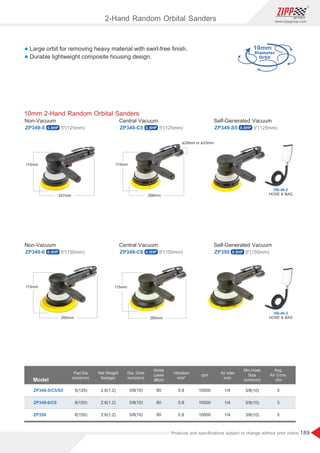 189
www.zippgroup.com
Products and speciﬁcations subject to change without prior notice
10mm
HOSE  BAG
HB-46-2
HOSE  BAG
HB-46-2
l Large orbit for removing heavy material with swirl-free ﬁnish.
l Durable lightweight composite housing design.
10mm 2-Hand Random Orbital Sanders
ZP349-5 ZP349-C5 ZP349-S5
Non-Vacuum Central Vacuum Self-Generated Vacuum
5(125mm) 5(125mm) 5(125mm)
ZP349-6 ZP349-C6 ZP350
Non-Vacuum Central Vacuum Self-Generated Vacuum
6(150mm) 6(150mm) 6(150mm)
Model
Pad Dia
inch(mm)
Air Inlet
inch
Dia. Orbit
inch(mm)
Min.Hose
Size
inch(mm)
Net Weight
lbs(kgs)
rpm
ZP349-5/C5/S5 2.6(1.2)
2.6(1.2)
2.6(1.2)
3/8(10)
3/8(10)
3/8(10)
3/8(10)
3/8(10)
3/8(10)
1/4
1/4
1/4
3
3
3
10000
10000
10000
5(125)
6(150)
6(150)
Avg.
Air Cons.
cfm
ZP349-6/C6
ZP350
Noise
Level
dB(A)
Vibration
m/s²
80
80
80
0.8
0.8
0.8
2-Hand Random Orbital Sanders
ø29mm or ø33mm
0.5HP
0.5HP 0.5HP 0.5HP
0.5HP 0.5HP
 