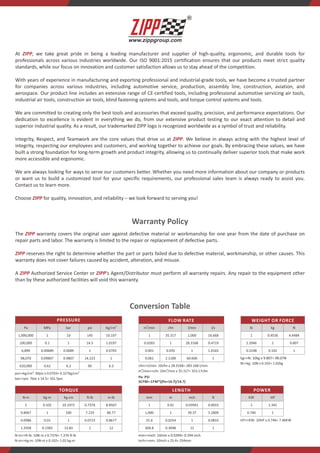 www.zippgroup.com
General Safety Guide
Some dust created by power sanding, sawing, grinding, drilling, and other construction activities contains chemicals known
to the public to cause cancer, birth defects or other reproductive harm.
Some products with high pressure system and the following safety precautions must be followed at all time along with any
other existing safely rules.
1. Read all manuals included with each product carefully. Be thoroughly familiar with the controls and the proper use of the
equipment.
2. Only persons well acquainted with these rules of safe operation should be allowed to use the air tool.
3. Do not exceed any pressure rating of any component in the system.
Do NOT exceed the maximum operating pressure of the air tool (normally 90PSI).
The air tool could explode and result in death or serious injury.
4. Disconnect the air tool from air supply before changing tools or attachments and during non-operation.
Always wear approved safety glasses with shields & hearing protection.
5. Do not wear loose fitting clothing or apparel which contains loose straps or ties, etc. which could become entangled in moving
parts of the tool and results in serious personal injury.
6. Do not wear jewelry, watches, identifications, necklace. etc. when operating any tool, they may be caught in moving parts and
result in serious injury.
7. Do not depress trigger when connecting the air supply hose.
8. Always use attachments designed for use with air powered tools. Do not use damaged or worn attachments.
DO NOT use hand tool sockets. Use impact quality sockets only.
9. Never trigger the tool when not applied to a work object. Attachments must be securely attached.
Loose attachments can cause serious injury.
10. Protect air lines from damage or puncture.
11. Never point an air tool at oneself or any other person. Serious injury could occur.
12. Check air hoses for weak or worn condition before each use. Make sure all connections are secure.
13. Keep all nuts, bolls and screws tight and ensure equipment is in safe working condition.
14. Do not put hands near or under moving parts.
Do NOT misuse the product, excessive exposure to vibration, work in awkward position and repetitive work motion.
Maintenance
Air tools require lubrication throughout the lifetime of the tools. The air motor and bearing use compressed air to power the tool,
due to the moisture of the compressed air will rust the air motor and other parts inside of the tools, therefore lubrication is required
air daily. Failure to lubricate the air tool properly will dramatically shorten the life of the tool and will void the warranty.
This air tool requires lubrication BEFORE initial use. also before and after each additional use.
To lubricate the air tool manually:
1. Remove any attachment on the drive of air tools such as sockets, chisels and etc.
2. Disconnect the tool from the air supply source, place the air inlet faces up.
3. Depress the trigger or throttle and place about 5 c.c. of air tool oil into the air inlet.
(Depressing the trigger or throttle will help circulating oil in the motor. )
NOTE:
Use SAE #10 grade oil if air tool oil is not available.
Keep out of the reach of children. If taken internally, do not induce vomiting, call a doctor immediately.
4. Connect the tool to air source, cover the exhaust end with a towel and run for about 20 to 30 seconds.
Any excess oil in the motor is immediately expelled from the exhaust port. Always direct exhaust port away from people or
objects.
At , we take great pride in being a leading manufacturer and supplier of high-quality, ergonomic, and durable tools for
ZIPP
professionals across various industries worldwide. Our ISO 9001:2015 certification ensures that our products meet strict quality
standards, while our focus on innovation and customer satisfaction allows us to stay ahead of the competition.
With years of experience in manufacturing and exporting professional and industrial-grade tools, we have become a trusted partner
for companies across various industries, including automotive service, production, assembly line, construction, aviation, and
aerospace. Our product line includes an extensive range of CE-certified tools, including professional automotive servicing air tools,
industrial air tools, construction air tools, blind fastening systems and tools, and torque control systems and tools.
We are committed to creating only the best tools and accessories that exceed quality, precision, and performance expectations. Our
dedication to excellence is evident in everything we do, from our extensive product testing to our exact attention to detail and
superior industrial quality. As a result, our trademarked ZIPP logo is recognized worldwide as a symbol of trust and reliability.
Integrity, Respect, and Teamwork are the core values that drive us at . We believe in always acting with the highest level of
ZIPP
integrity, respecting our employees and customers, and working together to achieve our goals. By embracing these values, we have
built a strong foundation for long-term growth and product integrity, allowing us to continually deliver superior tools that make work
more accessible and ergonomic.
We are always looking for ways to serve our customers better. Whether you need more information about our company or products
or want us to build a customized tool for your specific requirements, our professional sales team is always ready to assist you.
Contact us to learn more.
Choose for quality, innovation, and reliability – we look forward to serving you!
ZIPP
The warranty covers the original user against defective material or workmanship for one year from the date of purchase on
ZIPP
repair parts and labor. The warranty is limited to the repair or replacement of defective parts.
ZIPP reserves the right to determine whether the part or parts failed due to defective material, workmanship, or other causes. This
warranty does not cover failures caused by accident, alteration, and misuse.
A Authorized Service Center or 's Agent/Distributor must perform all warranty repairs. Any repair to the equipment other
ZIPP ZIPP
than by these authorized facilities will void this warranty.
Warranty Policy
Conversion Table
cfm>>I/min: 10cfm x 28.3168= 283.168 I/min
mm>>inch: 10mm x 0.0394= 0.394 inch
3
m /min
mm
1
0.0283
0.001
0.061
1
1,000
25.4
304.8
cfm
m
35.317
1
0.035
2.1189
0.01
1
0.0254
0.3048
l/min
inch
1,000
28.3168
1
60.606
0.03941
39.37
1
12
l/s
ft
16.668
0.4719
1.0165
1
0.0033
3.2809
0.0833
1
3 3
m /min>>cfn: 10m /min x 35.317= 353.17cfm
Po: PSI
SCFM= CFM*((Po+14.7)/14.7)
Inch>>mm: 10inch x 25.4= 254mm
FLOW RATE
LENGTH
kg>>N: 10kg x 9.807= 98.07N
HP>>KW: 10HP x 0.746= 7.46KW
lb
KW
1
2.2046
0.2248
1
0.746
kg
HP
0.4536
1
0.102
1.341
1
N
4.4484
9.807
1
N>>kg: 10N x 0.102= 1.02kg
WEIGHTORFORCE
POWER
2 2
psikg/cm : 90psi x 0.0703= 6.327kg/cm
N-mft-lb: 10N-m x 0.7376= 7.376 ft-lb
Pa
N-m
1,000,000
100,000
6,890
98,070
620,000
1
9.8067
0.0986
1.3558
MPa
Kg-m
1
0.1
0.00689
0.09807
0.62
0.102
1
0.01
0.1383
bar
Kg-cm
10
1
0.0689
0.9807
6.2
10.1972
100
1
13.83
psi
ft-lb
145
14.5
1
14.223
90
0.7376
7.233
0.0723
1
2
Kg/cm
in-lb
10.197
1.0197
0.0703
1
6.3
8.8507
86.77
0.8677
12
barpsi: 7bar x 14.5= 101.5psi
N-mkg-m: 10N-m x 0.102= 1.02 kg-m
PRESSURE
TORQUE
WARNING
WARNING
WARNING
WARNING
WARNING
WARNING
WARNING
 