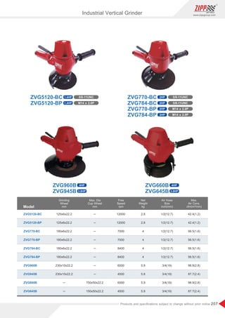 207
www.zippgroup.com
Products and speciﬁcations subject to change without prior notice
Model
Grinding
Wheel
mm
Free
Speed
rpm
Max.
Air Cons.
cfm(m³/min)
Max. Dia
Cup Wheel
mm
Net
Weight
kg
Air Hose
Size
inch(mm)
ZVG5120-BC
ZVG5120-BP
ZVG770-BC
ZVG770-BP
ZVG784-BC
ZVG784-BP
ZVG960B
ZVG945B
ZVG660B
ZVG645B
125x6x22.2
125x6x22.2
180x6x22.2
180x6x22.2
180x6x22.2
180x6x22.2
230x10x22.2
230x10x22.2
─
─
─
─
─
─
─
─
─
─
150x50x22.2
150x50x22.2
12000
12000
7000
7000
8400
8400
6000
4500
6000
4500
2.8
2.8
4
4
4
4
5.8
5.8
5.9
5.9
1/2(12.7)
1/2(12.7)
1/2(12.7)
1/2(12.7)
1/2(12.7)
1/2(12.7)
3/4(19)
3/4(19)
3/4(19)
3/4(19)
42.4(1.2)
42.4(1.2)
56.5(1.6)
56.5(1.6)
56.5(1.6)
56.5(1.6)
98.9(2.8)
87.7(2.4)
98.9(2.8)
87.7(2.4)
Industrial Vertical Grinder
5/8-11UNC
5/8-11UNC
M14 x 2.0P
M14 x 2.0P
ZVG770-BC
ZVG784-BC
ZVG770-BP
ZVG784-BP
2HP
2HP
2HP
2HP
ZVG960B
ZVG945B
4HP
3.8HP
M14 x 2.0P
ZVG5120-BP
5/8-11UNC
ZVG5120-BC 1.4HP
1.4HP
ZVG660B
ZVG645B
4HP
3.8HP
 