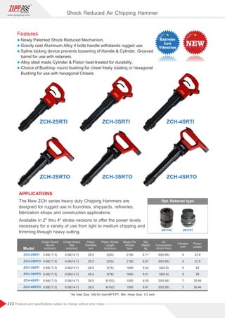 222
www.zippgroup.com
Products and speciﬁcations subject to change without prior notice
APPLICATIONS
The New ZCH series heavy duty Chipping Hammers are
designed for rugged use in foundries, shipyards, reﬁneries,
fabrication shops and construction applications.
Available in 2 thru 4 stroke versions to oﬀer the power levels
necessary for a variety of use from light to medium chipping and
trimming through heavy cutting.
Model
ZCH-2SRTI
ZCH-2SRTO
ZCH-3SRTO
ZCH-3SRTI
ZCH-4SRTO
ZCH-4SRTI
0.68(17.3)
0.68(17.3)
0.68(17.3)
0.68(17.3)
0.68(17.3)
0.68(17.3)
0.58(14.7)
0.58(14.7)
0.58(14.7)
0.58(14.7)
0.58(14.7)
0.58(14.7)
28.5
28.5
28.5
28.5
28.5
28.5
2(50)
2(50)
3(76)
3(76)
4(102)
4(102)
2150
2150
1900
1900
1500
1500
8.71
8.87
9.54
9.51
9.55
9.87
30(0.85)
30(0.85)
32(0.9)
32(0.9)
33(0.95)
33(0.95)
5
5
5
5
7
7
22.9
22.9
28
28
30.46
30.46
ZCH-2SRTI
ZCH-2SRTO
ZCH-3SRTI
ZCH-3SRTO
Blows Per
Minute
bpm
Net
Weight
kg
Power
(Joule)
Piston Stroke
Length
inch(mm)
Piston
Diameter
mm
Chisel Shank
Hex
inch(mm)
Chisel Shank
Round
inch(mm)
*Air Inlet Size: 3/8(10) inch-NPT/PT, Min. Hose Size: 1/2 inch
Vibration
m/s²
Opt. Retainer type
ZCH-4SRTI
ZCH-4SRTO
Features
l Newly Patented Shock Reduced Mechanism.
l Gravity cast Aluminum Alloy 4 bolts handle withstands rugged use.
l Spline locking device prevents loosening of Handle  Cylinder. Grooved
barrel for use with retainers.
l Alloy steel made Cylinder  Piston heat-treated for durability.
l Choice of Bushing- round bushing for chisel freely rotating or hexagonal
Bushing for use with hexagonal Chisels.
Shock Reduced Air Chipping Hammer
281701
281703
 