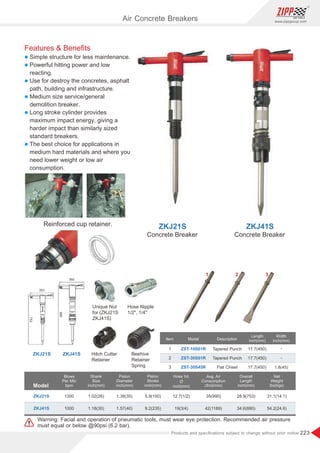 223
www.zippgroup.com
Products and speciﬁcations subject to change without prior notice
Reinforced cup retainer.
Unique Nut
for (ZKJ21S
ZKJ41S)
Hitch Cutter
Retainer
Beehive
Retainer
Spring
Hose Nipple
1/2, 1/4
1 2 3
Concrete Breaker
Concrete Breaker
ZKJ41S
ZKJ21S
Warning: Facial and operation of pneumatic tools, must wear eye protection. Recommended air pressure
must equal or below @90psi (6.2 bar).
Model
Blows
Per Min
bpm
Overall
Length
inch(mm)
Shank
Size
inch(mm)
Piston
Diameter
inch(mm)
Piston
Stroke
inch(mm)
Hose Int.
Ø
inch(mm)
Avg. Air
Consumption
cfm(l/min)
Net
Weight
lbs(kgs)
ZKJ21S
ZKJ41S
ZKJ21S ZKJ41S
1300
1000
5.9(150)
9.2(235)
1.02(26)
1.18(30)
1.38(35)
1.57(40)
12.7(1/2)
19(3/4)
35(990)
42(1189)
31.1(14.1)
54.2(24.6)
28.9(753)
34.6(880)
Item Description
Length
inch(mm)
Width
inch(mm)
Model
ZST-10S01R
ZST-30S01R
ZST-30S45R
Tapered Punch
Tapered Punch
Flat Chisel
17.7(450)
17.7(450)
17.7(450)
-
-
1.8(45)
1
2
3
353
753
360
880
Air Concrete Breakers
Features  Beneﬁts
l Simple structure for less maintenance.
l Powerful hitting power and low
reacting.
l Use for destroy the concretes, asphalt
path, building and infrastructure.
l Medium size service/general
demolition breaker.
l Long stroke cylinder provides
maximum impact energy, giving a
harder impact than similarly sized
standard breakers.
l The best choice for applications in
medium hard materials and where you
need lower weight or low air
consumption.
 