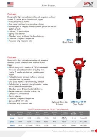 225
www.zippgroup.com
Products and speciﬁcations subject to change without prior notice
MADE IN USA
Model
ZRB-8
ZRB-11
ZRB-6
30(14)
33(15)
23(10.5)
8(203)
11(279)
2.75(70)
22(572)
25-1/2(648)
17(432)
1140
850
1560
44(1.3)
50(1.41)
40(1.2)
1/2(12)
1/2(12)
3/4(19)
7/8(22.2)
1.188(30)
1.188(30)
1.418(36)
Length
inch(mm)
Bore
inch(mm)
Stroke
inch(mm)
Blows Per
Minute
Chuck
Sizes
Avg.
Air Cons.
cfm(m³/m)
Net Weight
lbs(kgs)
Air Inlet Size
inch-NPT/PT
DO NOT apply air pressure over 100 psi / 7 bar to these tools.
Rivet Buster
Optional Steel clip
Exhaust
ZRB-8/ZRB-11
11xJUMBO
11xJUMBO
11xJUMBO
Features
Designed for light concrete demolition, all angles or
conﬁned spaces. D handle with external thumb
trigger
l ZRB-8 designed for medium  ZRB-11 designed
for heavy concrete demolition or cutting rivet
heads. D handle with internal variable speed
trigger.
l Rotatable rubber exhaust muﬄer or optional
rotatable steel clip exhaust
l One piece machined premium alloy cylinder
l Safe bridged or stepped internal cylinder ( piston
will not exit bottom of the tool )
l Standard upper  lower hardened sleeves
l Replaceable auto valve for extened life
l Utilizes 11X jumbo steels
l Spring retainer
l Urethane bumper for longer life
l Screened 1/2 NPT inlet
l Requires whip hose and oiler
Features
Designed for light concrete demolition, all angles or conﬁned
spaces. D handle with external thumb trigger
l Rotatable exhaust muﬄer
l One piece machined premium alloy cylinder
l Safe bridged or stepped internal cylinder piston will not exit
(
bottom of tool)
l Utilizes 11X jumbo steels
l Spring held retainer
l Standard upper and lower hardened sleeves
l Urethane bumper for longer life
l Requires whip hose and oiler
Rivet Buster
ZRB-6
Rivet Buster
 