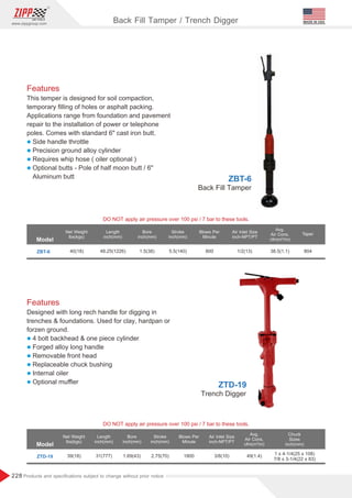 228
www.zippgroup.com
Products and speciﬁcations subject to change without prior notice
MADE IN USA
Back Fill Tamper / Trench Digger
Model
Model
ZTD-19
ZBT-6
39(18)
40(18)
2.75(70)
5.5(140)
31(777)
48.25(1226)
1800
800
49(1.4)
38.5(1.1)
3/8(10)
1/2(13)
1.69(43)
1.5(38)
Length
inch(mm)
Length
inch(mm)
Bore
inch(mm)
Bore
inch(mm)
Stroke
inch(mm)
Stroke
inch(mm)
Blows Per
Minute
Blows Per
Minute
Chuck
Sizes
inch(mm)
Taper
Avg.
Air Cons.
cfm(m³/m)
Avg.
Air Cons.
cfm(m³/m)
Net Weight
lbs(kgs)
Net Weight
lbs(kgs)
804
Air Inlet Size
inch-NPT/PT
Air Inlet Size
inch-NPT/PT
DO NOT apply air pressure over 100 psi / 7 bar to these tools.
DO NOT apply air pressure over 100 psi / 7 bar to these tools.
Back Fill Tamper
ZBT-6
Trench Digger
ZTD-19
1x4-1/4(25x108)
7/8x3-1/4(22x83)
Features
Designed with long rech handle for digging in
trenches  foundations. Used for clay, hardpan or
forzen ground.
l 4 bolt backhead  one piece cylinder
l Forged alloy long handle
l Removable front head
l Replaceable chuck bushing
l Internal oiler
l Optional muﬄer
Features
This temper is designed for soil compaction,
temporary ﬁlling of holes or asphalt packing.
Applications range from foundation and pavement
repair to the installation of power or telephone
poles. Comes with standard 6 cast iron butt.
l Side handle throttle
l Precision ground alloy cylinder
l Requires whip hose ( oiler optional )
l Optional butts - Pole of half moon butt / 6
Aluminum butt
 