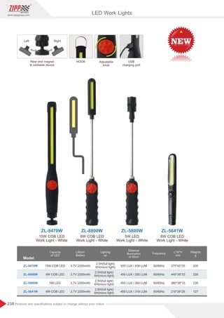 238
www.zippgroup.com
Products and speciﬁcations subject to change without prior notice
LED Work Lights
Model
ZL-9470W
ZL-5641W
ZL-8800W
ZL-5800W
ZL-9470W ZL-8800W ZL-5800W
15W COB LED
Work Light - White
8W COB LED
Work Light - White
8W COB LED
Work Light - White
5W LED
Work Light - White
Capacity
of LED
15W COB LED
8W COB LED
8W COB LED
5W LED
Lithium
Battery
3.7V 2200mAh
3.7V 2200mAh
3.7V 2200mAh
3.7V 2200mAh
Lighting
up
2.5H(full light)
6H(micro light)
2.5H(full light)
6H(micro light)
2.5H(full light)
6H(micro light)
2.5H(full light)
6H(micro light)
Distance
illumination
of 50cm
935 LUX / 458 LUM
450 LUX / 280 LUM
450 LUX / 260 LUM
450 LUX / 318 LUM
Frequency
50/60Hz
50/60Hz
50/60Hz
50/60Hz
L*W*H
mm
375*45*35
445*38*33
380*38*33
210*26*28
Weights
g
200
226
230
127
USB
charging port
HOOK
Left Right
Rear end magnet
 rotatable device
Adjustable
knob
 