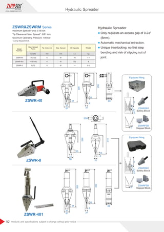 52
www.zippgroup.com
Products and speciﬁcations subject to change without prior notice
328
34
31
61 31
6
15 290
66
66
31
6
15
463
500
34
31
61
299
30
31
56
31
6
15
315
22H
Hydraulic Spreader
l Only requests an access gap of 0.24
(6mm).
l Automatic mechanical retraction.
l Unique interlocking: no ﬁrst step
bending and risk of slipping out of
joint.
maximum Spread Force: 5-90 ton
1)
Tip Clearance/ Max. Spread : 6/81 mm
Maximum Operating Pressure: 700 bar
1)Using Stepped block.
ZSWRZSWRM Series
20
100
78
58
48
26.4
16
6
25
Equipped ﬁtting
Safety Block
ZSWRSB1
Stepped Block
ZSWRFSB
Model
Number
Max. Spread
Force
Tip clearance Max. Spread Oil Capacity Weight
ZSWR-40
ZSWR-401
ZSWR-8
14(125)
14.5(145)
8(72)
ton(kN)
6
6
6
mm
81
81
81
mm
78
152
c.c
7.1
8
6.5
kg
ZSWR-40
ZSWR-8
ZSWR-401
20
100
78
58
48
26.4
16
6
25
Equipped ﬁtting
Safety Block
ZSWRSB1
Stepped Block
ZSWRFSB
Hydraulic Spreader
 