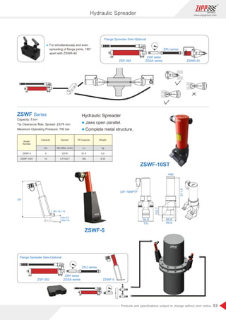 53
www.zippgroup.com
Products and speciﬁcations subject to change without prior notice
ZSP-392
ZXH seies
ZGSA series
ZXU series
ZSWR-40
Flange Spreader Sets-Optional
330
L 38 x W 114
Min.23
Max.76
ZSP-392
ZXH seies
ZGSA series
ZXU series
ZSWF-5
Flange Spreader Sets-Optional
Ÿ For simultaneously and even
spreading of ﬂange joints, 180°
apart with ZSWR-40
Hydraulic Spreader
l Jaws open parallel.
l Complete metal structure.
Capacity: 5 ton
Tip Clearance/ Max. Spread: 23/76 mm
Maximum Operating Pressure: 700 bar
ZSWF Series
Model
Number
Capacity Spread Oil Capacity Weight
ZSWF-5
ZSWF-10ST
5
10
ton
23/76
3.7/103.7
Min./Max. (mm)
81.9
160
c.c
6.2
6.35
kg
3/8-18NPTF
50.8
110
103.7
84.8
99.5
211.5
60
ZSWF-10ST
ZSWF-5
Hydraulic Spreader
 