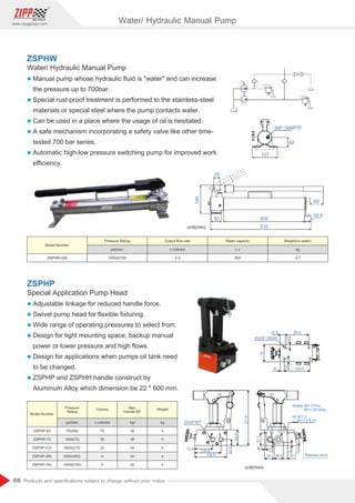 68
www.zippgroup.com
Products and speciﬁcations subject to change without prior notice
140
29
60
405
510
50
32.5
50
127
3/8-18NPTF
H
L
Water/ Hydraulic Manual Pump
l Manual pump whose hydraulic ﬂuid is water and can increase
the pressure up to 700bar.
l Special rust-proof treatment is performed to the stainless-steel
materials or special steel where the pump contacts water.
l Can be used in a place where the usage of oil is hesitated.
l A safe mechanism incorporating a safety valve like other time-
tested 700 bar series.
l Automatic high-low pressure switching pump for improved work
eﬃciency.
Special Application Pump Head
l Adjustable linkage for reduced handle force.
l Swivel pump head for ﬂexible ﬁxturing.
l Wide range of operating pressures to select from.
l Design for tight mounting space, backup manual
power or lower pressure and high ﬂows.
l Design for applications when pumps oil tank need
to be changed.
l ZSPHP and ZSPHH handle construct by
Aluminum Alloy which dimension be 22 * 600 mm.
ZSPHW
ZSPHP
unit(mm)
unit(mm)
Model Number
Model Number
Pressure Rating
Pressure
Rating
Volume Max.
Handle Eﬀ.
Weight
psi(bar)
psi(bar)
Output ﬂow rate
c.c/stroke
c.c/stroke kgf kg
Water capacity
c.c
Weight(no water)
kg
ZSPHW-900
ZSPHP-50
ZSPHP-70
ZSPHP-210
ZSPHP-450
ZSPHP-700
10000(700)
750(50)
1000(70)
3000(210)
6500(450)
10000(700)
75
35
22
9
5
36
48
54
54
54
5
5
4
4
4
2.3 900 5.7
221.8
63.3
24.3
128.9
105.9
72.9
2X3/8NPT
93.9
20.6
4X3/8-16UNC
14.6
70
16
14
103.4
6.1
39.1 36.6
7.7
12.7
16.3
51.3
51.3
Release valve
IN OUT
4X 7.3
11.5 14
4Holes 7.3Thru
11.5X14Dp.
Water/ Hydraulic Manual Pump
 
