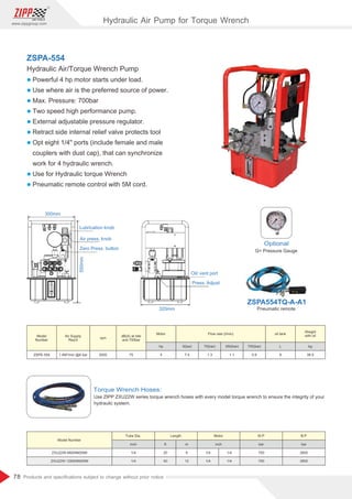 78
www.zippgroup.com
Products and speciﬁcations subject to change without prior notice
Torque Wrench Hoses:
Use ZIPP ZXU22W series torque wrench hoses with every model torque wrench to ensure the integrity of your
hydraulic system.
300mm
550mm
Lubrication knob
Air press. knob
Zero Press. button
320mm
Oil/ vent port
Press. Adjust
Optional
G= Pressure Gauge
ZSPA-554
Hydraulic Air/Torque Wrench Pump
l Powerful 4 hp motor starts under load.
l Use where air is the preferred source of power.
l Max. Pressure: 700bar
l Two speed high performance pump.
l External adjustable pressure regulator.
l Retract side internal relief valve protects tool
l Opt eight 1/4 ports (include female and male
couplers with dust cap), that can synchronize
work for 4 hydraulic wrench.
l Use for Hydraulic torque Wrench
l Pneumatic remote control with 5M cord.
Pneumatic remote
ZSPA554TQ-A-A1
Model
Number
Model Number
Air Supply
Req'd
rpm
Motor
Tube Dia. Length Motor W.P B.P
hp
inch ft m inch bar bar
0(bar) 70(bar) 350(bar) 700(bar) L kg
ZSPE-554
ZXU22W-6M2NM2NM
ZXU22W-12M2NM2NM
1.4M³/min @6 bar 3000 75 4
1/4
1/4
20
40
6
12
1/4
1/4
1/4
1/4
700
700
2800
2800
7.4 1.3 1.1 0.9 8 38.5
Weight
with oil
dB(A) at Idle
and 700bar
oil tank
Flow rate (l/min)
Hydraulic Air Pump for Torque Wrench
 
