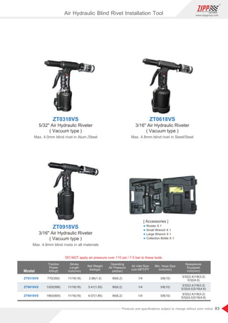 83
www.zippgroup.com
Products and speciﬁcations subject to change without prior notice
Model
DO NOT apply air pressure over 110 psi / 7.5 bar to these tools.
Traction
Power
lbf(kgf)
Stroke
Length
inch(mm)
Net Weight
lbs(kgs)
Operating
Air Pressure
psi(bar)
Air inlet Size
inch-NPT/PT
Min. Hose Size
inch(mm)
Nosepieces
Equipped
inch(mm)
ZT0318VS
ZT0618VS
ZT0918VS
770(350)
1320(596)
1983(900)
11/16(18)
11/16(18)
11/16(18)
2.86(1.3)
3.41(1.55)
4.07(1.85)
90(6.2)
90(6.2)
90(6.2)
1/4
1/4
1/4
3/8(10)
3/8(10)
3/8(10)
3/32(2.4)1/8(3.2)
5/32(4.0)
3/32(2.4)1/8(3.2)
5/32(4.0)3/16(4.8)
3/32(2.4)1/8(3.2)
5/32(4.0)3/16(4.8)
ZT0318VS
5/32 Air Hydraulic Riveter
( Vacuum type )
Max. 4.0mm blind rivet in Alum./Steel
ZT0618VS
3/16 Air Hydraulic Riveter
( Vacuum type )
Max. 4.8mm blind rivet in Steel/Steel
ZT0918VS
3/16 Air Hydraulic Riveter
( Vacuum type )
Max. 4.8mm blind rivets in all materials
Air Hydraulic Blind Rivet Installation Tool
[ Accessories ]
l Riveter X 1
l Small Wrench X 1
l Large Wrench X 1
l Collection Bottle X 1
 