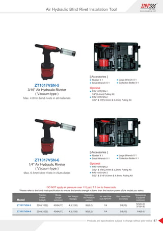 87
www.zippgroup.com
Products and speciﬁcations subject to change without prior notice
Model
DO NOT apply air pressure over 110 psi / 7.5 bar to these tools.
Traction
Power
lbf(kgf)
Stroke
Length
inch(mm)
Net Weight
lbs(kgs)
Operating
Air Pressure
psi(bar)
Air inlet Size
inch-NPT/PT
Min. Hose Size
inch(mm)
Nosepieces
Equipped
inch(mm)
ZT1017VSN-5
ZT1017VSN-6
2248(1022)
2248(1022)
43/64(17)
43/64(17)
4.3(1.95)
4.3(1.95)
90(6.2)
90(6.2)
1/4
1/4
3/8(10)
3/8(10)
5/32(4.0)
3/16(4.8)
1/4(6.4)
*Please refer to the blind rivet speciﬁcation to ensure the tensile strength is lower than the traction power of the model you select.
ZT1017VSN-5
3/16 Air Hydraulic Riveter
( Vacuum type )
Max. 4.8mm blind rivets in all materials
ZT1017VSN-6
1/4 Air Hydraulic Riveter
( Vacuum type )
Max. 6.4mm blind rivets in Alum./Steel
Air Hydraulic Blind Rivet Installation Tool
[ Accessories ]
l Riveter X 1
l Small Wrench X 1
[ Accessories ]
l Riveter X 1
l Small Wrench X 1
l Large Wrench X 1
l Collection Bottle X 1
l Large Wrench X 1
l Collection Bottle X 1
Optional
l P/N 1017VSN-1
1/4(6.4mm) Pulling Kit
l P/N 1017VSN-2
3/32  1/8(2.4mm  3.2mm) Pulling Kit
Optional
l P/N 1017VSN-2
3/32  1/8(2.4mm  3.2mm) Pulling Kit
l P/N 1017VSN-3
5/32  3/16(4.0mm  4.8mm) Pulling Kit
 
