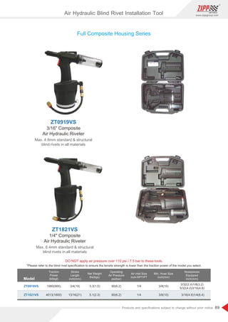 89
www.zippgroup.com
Products and speciﬁcations subject to change without prior notice
Model
DO NOT apply air pressure over 110 psi / 7.5 bar to these tools.
Traction
Power
lbf(kgf)
Stroke
Length
inch(mm)
Net Weight
lbs(kgs)
Operating
Air Pressure
psi(bar)
Air inlet Size
inch-NPT/PT
Min. Hose Size
inch(mm)
Nosepieces
Equipped
inch(mm)
ZT0919VS
ZT1821VS
1980(900)
4013(1800)
3/4(19)
13/16(21)
3.3(1.5)
5.1(2.3)
90(6.2)
90(6.2)
1/4
1/4
3/8(10)
3/8(10)
3/32(2.4)1/8(3.2)
5/32(4.0)3/16(4.8)
3/16(4.8)1/4(6.4)
*Please refer to the blind rivet speciﬁcation to ensure the tensile strength is lower than the traction power of the model you select.
ZT0919VS
3/16 Composite
Air Hydraulic Riveter
Max. 4.8mm standard  structural
blind rivets in all materials
ZT1821VS
1/4 Composite
Air Hydraulic Riveter
Max. 6.4mm standard  structural
blind rivets in all materials
Full Composite Housing Series
Air Hydraulic Blind Rivet Installation Tool
 