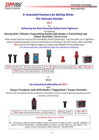14
9. Innovated Fasteners for Bolting Works
TTER-Torque Transmitting Socket w / RFID Reader
The Ultimate Solution
US-1
for
Achieving the Most Accurate Bolted Joint Tightness
by applying
Sensing Bolt / Wireless Transmitting Socket with Reader / Transmitting Cap
Torque Controller /Gateway
With unique features such as the traceability of bolt production, real time bolt joint tightness
control, bolting sequence control and remote monitoring of the joint status after assembly.
US-1 assures the highest degree of safety and reliability of the bolted joint.
It’s more economic and efficient than the ultrasonic fasteners.
or
US-2
An economical alternative to US-1
with
Torque Transducer with RFID Reader / Tagged Bolt / Torque Controller
Ideal for the traceability of bolt production and bolted record as well as bolting sequence control
instantly and wirelessly
All products above are certiﬁed
with
CE～EN 61326-1:2003, EN 55001:2009+A1:2010, EN 61326-2-1:2006, CE (RF)～EN 300 328(802.11
b/g/n), CE (RF)+CE (RF EMC)～EN 300 328(802.11 b/g/n) + EN 301 489-1/17, LVD Report～IEC
61010-1:2010 / EN 61010-1:2010, SAR (EU)～EN 62479 NPE
TCA / TCBTB-Tagged Bolt
TTER-Torque Transmitting Socket w/ RFID Reader
TC + SBTS-Transmitting SocketSB-Sensing Bolt TC-Transmitting CapTS + SB TCA/TCB
 