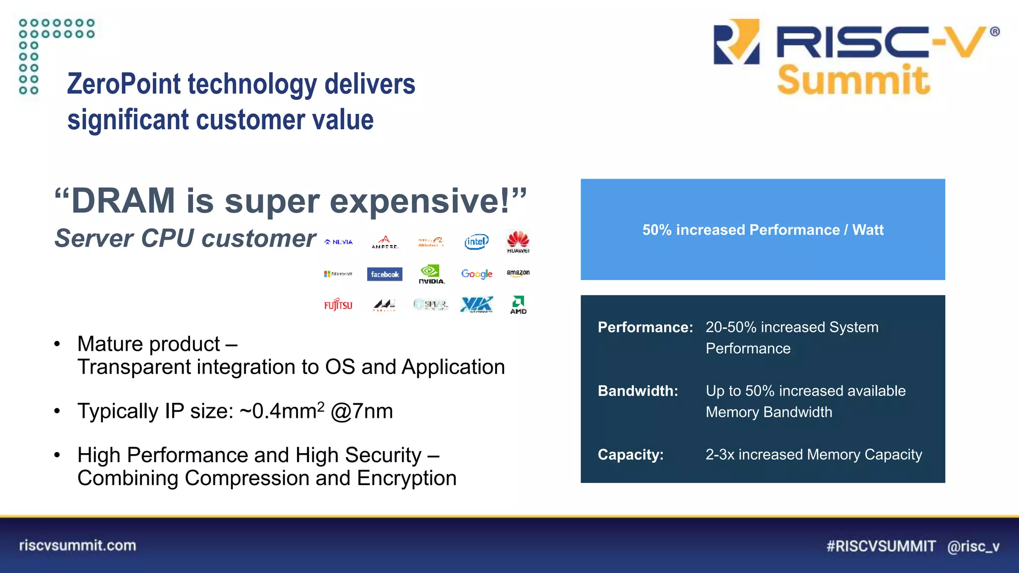 Information Classification: General
• Mature product –
Transparent integration to OS and Application
• Typically IP size: ~0.4mm2 @7nm
• High Performance and High Security –
Combining Compression and Encryption
Server CPU customer
“DRAM is super expensive!”
50% increased Performance / Watt
Performance:
Bandwidth:
Capacity:
20-50% increased System
Performance
Up to 50% increased available
Memory Bandwidth
2-3x increased Memory Capacity
ZeroPoint technology delivers
significant customer value
 