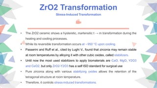 ZrO2 Transformation
Stress-Induced Transformation
• The ZrO2 ceramic shows a hysteretic, martensitic t → m transformation during the
heating and cooling processes.
• While its reversible transformation occurs at ∼950 °C upon cooling.
• Passerini and Ruff et al., cited by Lughi V., found that zirconia may remain stable
at room temperatures by alloying it with other cubic oxides, called stabilizers.
• Until now the most used stabilizers to apply biomaterials are CaO, MgO, Y2O3
and CeO2, but only ZrO2-Y2O3 has a self ISO standard for surgical use
• Pure zirconia along with various stabilizing oxides allows the retention of the
tetragonal structure at room temperature.
• Therefore, it controls stress-induced transformations.
 