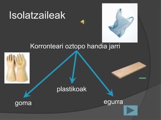 Isolatzaileak

    Korronteari oztopo handia jarri




             plastikoak

 goma                        egurra
 