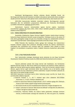 Donostia-San Sebastián, 1 – 01010 VITORIA-GASTEIZ
Tel. 945 01 83 85/86 – Fax 945 01 83 35/36 – 945 01 84 22 – E-mail: educauei@ej-gv.es
33
Ikastetxeek Berritzegunearen bitartez eskatuko dituzte baliabide horiek, eta
Berritzeguneak Hezkuntza Berriztatzeko Lurraldeko arduradunari jakinaraziko dizkio zonaldean
dauden premiak. Ikasturtean zehar giltzarri diren uneak aintzat hartuz, data hauek ezarri dira:
2015-2016 ikasturterako baliabide materialen eskaera. Berritzeguneak premiak
baloratuko ditu eta baliabideen proposamena bideratuko dio Hezkuntza Berriztatzeko
Lurraldeko arduradunari, apirilaren 11 baino lehen.
Ikasturtearen hasieran antzemandako egoera berrien argitan, ikastetxeko
Zuzendaritzak irailaren 27a baino lehen, behar dituen baliabide gehigarrien proposamena
bidaliko du Berritzegunera.
1.4.5. - ESKOLA-ORDUTEGIA ETA IKASLEEN ORDUTEGIA
Ikastetxeko Ordezkaritza Organo Gorenari dagokio ikasleen eskola-orduak ezartzea,
hezkuntza-etapa bakoitzaren berezko arauak errespetatuz. Ordutegi arrunta ez da astean 25
ordu baino gutxiagokoa izango eta goiz eta arratsaldez emango da, astelehenetik ostiralera,
Ikastetxeen Zuzendaritzako “eskola-egutegia prestatzeko oinarrizko arauak ” betez.
OOGk finkatuko ditu ikastetxea irekita egongo den ordutegia eta irakastorduez
kanpoko orduetan egingo diren jarduerak. Ordutegia onartuko da, betiere, ikastetxearen
arduraduna den zuzendariak hura onartzen badu eta irakasleen nahiz irakasle ez diren
langileen lan-eskubideak errespetatzen badira. Erabakia Hezkuntza Ikuskaritzari jakinaraziko
zaio.
1.4.5.-a. Haur Hezkuntzako ikasleak
Haur Hezkuntzako ordutegia ikastetxeak berak zehaztuko du eta Etapa horretako
IKastetxearen Ikasketa Proiektuan jasoko da, OOGk edo Eskola Kontseiluak onartu ondoren.
Haurrak pixkanaka sartuko dira etapa berrian edo ikastetxean, eta horretarako
egokitze-aldi bat izango da. Aldi horren helburua da etxearen eta eskolaren arteko zubiarena
egitea eta haurrak apurka-apurka eskolara egokitzea. .Tarte hori da haurrak, eskolara hasten
denean, egoera berrian egoki txertatzeko behar duen denbora, eta ez da berdina izango
denentzat, baizik eta haur bakoitzaren premien araberakoa. Iraupena familiekin adostuko du
beti, baina ez da irailetik harago luzatuko.
2015-2016 ikasturtean Curriculum berria Lehen Hezkuntza osoan ezarriko da. Hauek dira
aurreikusitako aldaketa nagusiak:
 Ikasturte honetan 1., 3., eta 5. mailetan egon diren aldaketak 2015-2016ko
ikasturtean, 2., 4. eta 6. mailetara zabalduko dira.
 Datorren ikasturtean Ebaluazio Diagnostikoak 3. eta 6. mailetan egingo dira. Ebaluazio
hauek ez dute inolako eraginik izango ikasleen promoziorako.
 “Herritartasunerako eta Giza Eskubideetarako Hezkuntza” ikasgaia desagertzen da.
 “Erlijioa” aukeratzen ez duenak “Balio Sozial eta Zibikoak” emango ditu eta alderantziz.
“Erlijioa” derrigorrez eskaini behar da.
 Hezkuntza, Hizkuntza Politika eta Kultura Sailak gutxieneko ordutegia kontutan
hartuta, erreferentziazko ordutegi bat eskainiko du. Hala eta guztiz ere, ikastetxe
 