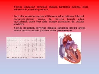 Nodulu sinusalean sortutako bulkada kardiakoa aurikula osora
zabaltzen da, norabide guztietan.
Aurikulen muskulu-zuntzak aldi berean uzkur daitezen, bihotzak
transmisio-sistema berezia du. Sistema horrek zelula
muskularrek baino bost aldiz arinago garraiatzen du bulkada
kardiakoa.
Nodulu sinusalean sorturiko bulkada kardiakoa nodulu arteko
bideen bitartez aurikula guztietan zehar garraiatzen da.
 