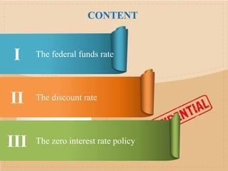 CONTENT
I
II
III
The federal funds rate
The discount rate
The zero interest rate policy
 
