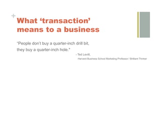 +
    What ‘transaction’
    means to a business
    “People don’t buy a quarter-inch drill bit,
    they buy a quarter-inch hole."
                                       - Ted Levitt,
                                        Harvard Business School Marketing Professor / Brilliant Thinker
 
