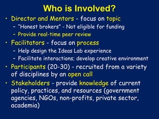 Who is Involved?
• Director and Mentors - focus on topic
– “Honest brokers” - Not eligible for funding
– Provide real-time peer review
• Facilitators - focus on process
– Help design the Ideas Lab experience
– Facilitate interactions; develop creative environment
• Participants (20-30) - recruited from a variety
of disciplines by an open call
• Stakeholders - provide knowledge of current
policy, practices, and resources (government
agencies, NGOs, non-profits, private sector,
academia)
 